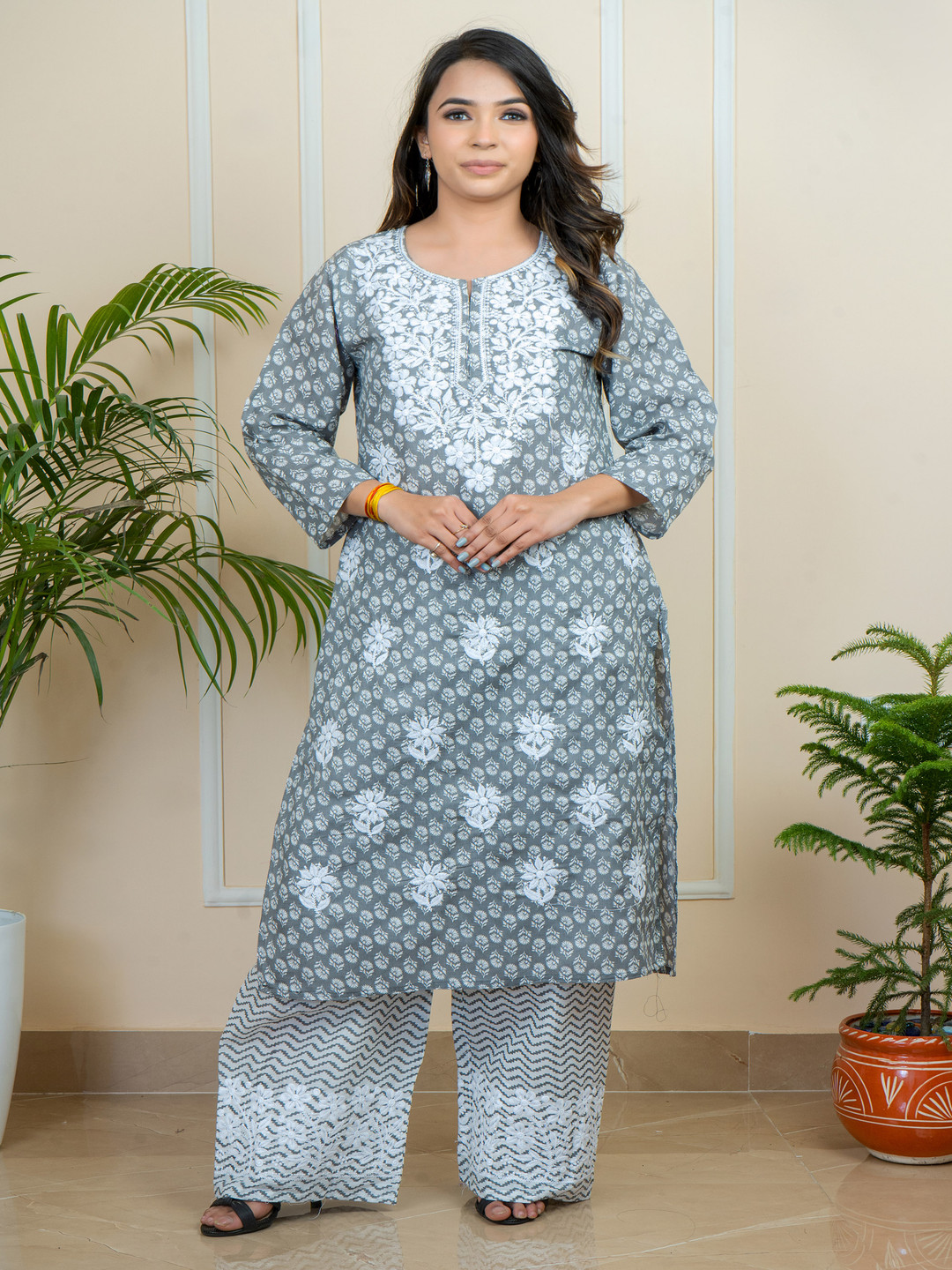 ADR CHIKAN Floral Embroidered Thread Work Pure Cotton Kurta With Palazzos