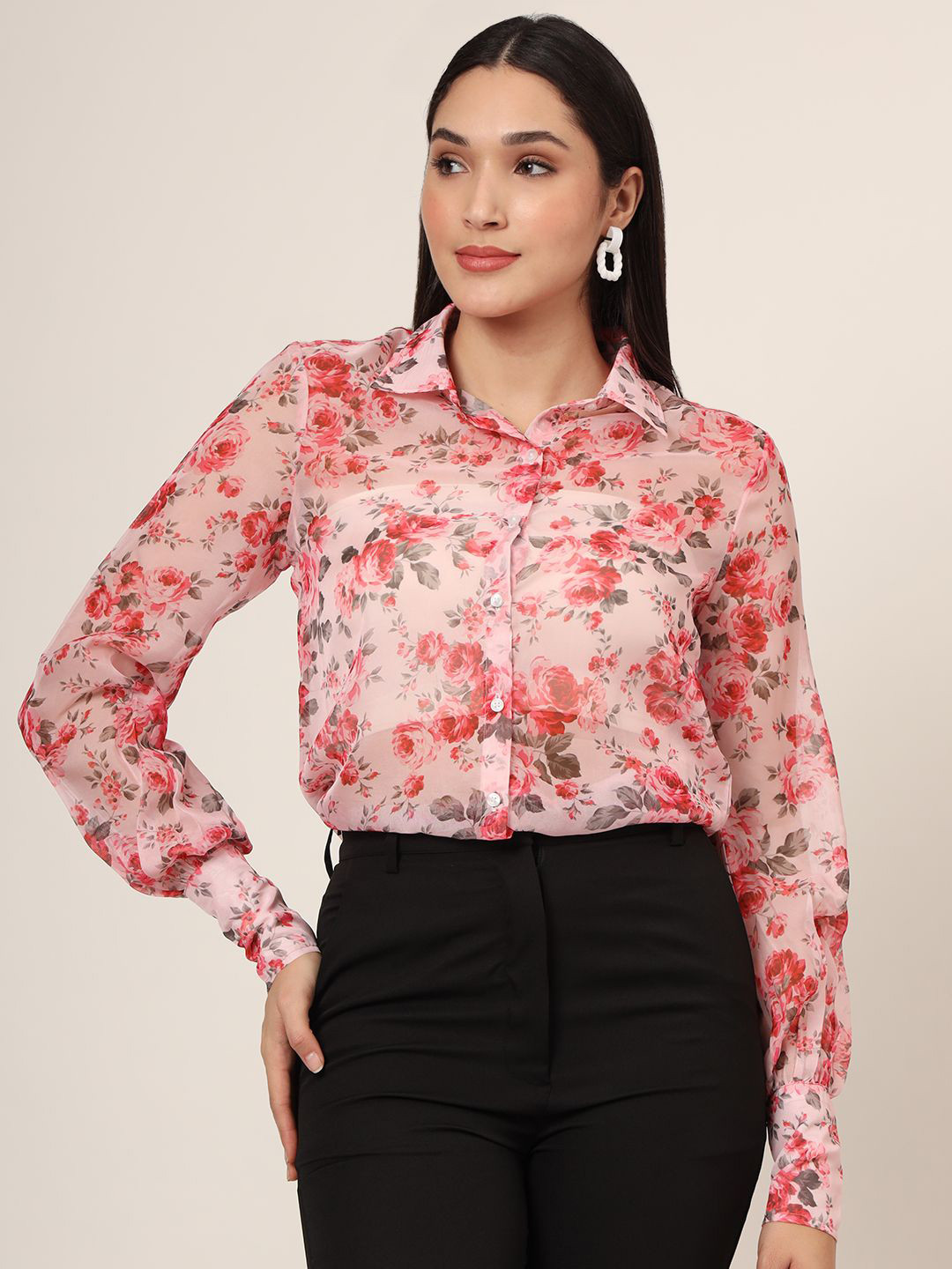 AMSWAN Women Comfort Fit Spread Collar Floral Printed Chiffon Casual Shirt