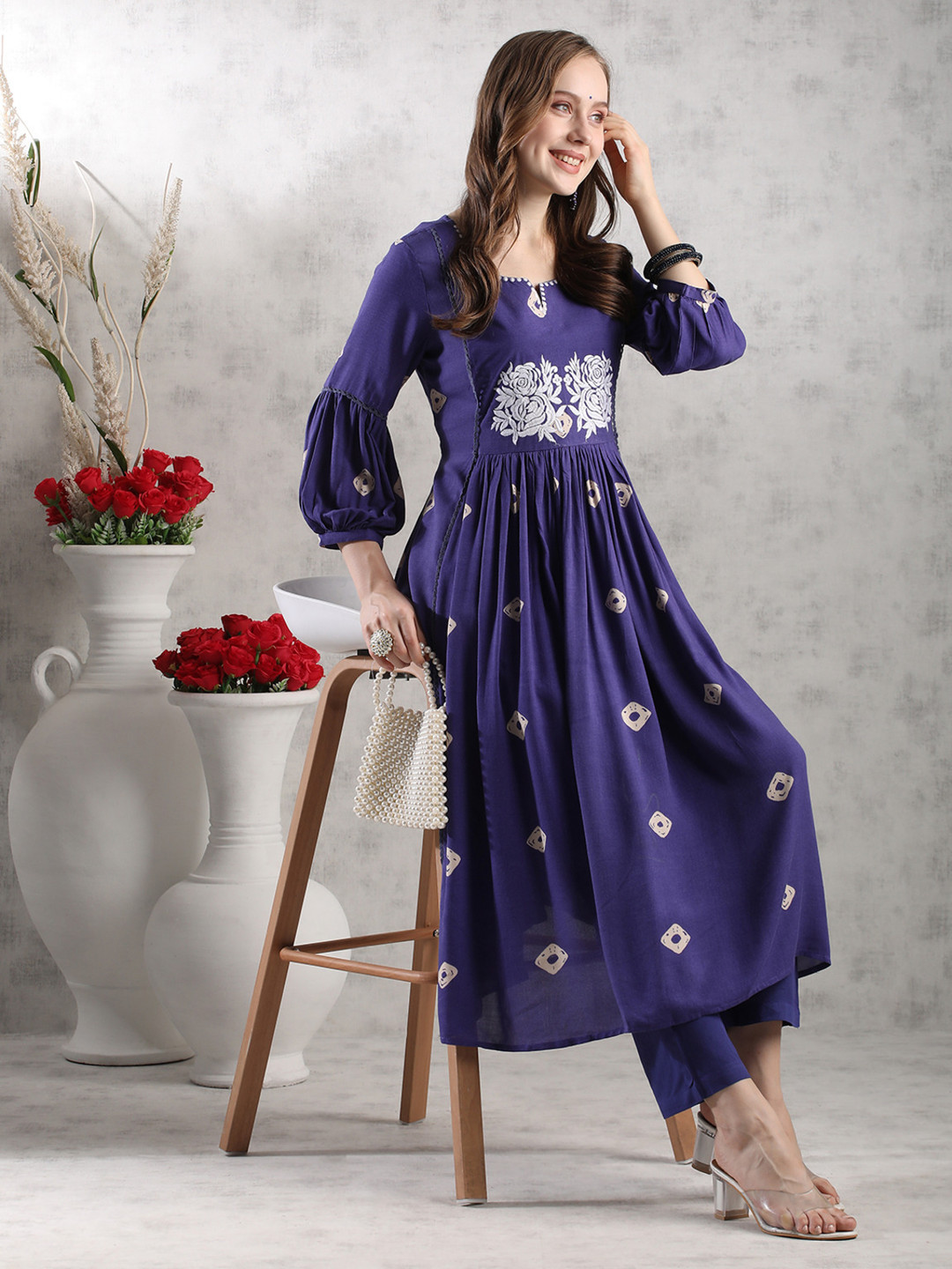 DIVASTRI Anveshi Floral Printed Notch Neck Pleated Thread Work Anarkali Kurta with Trouser