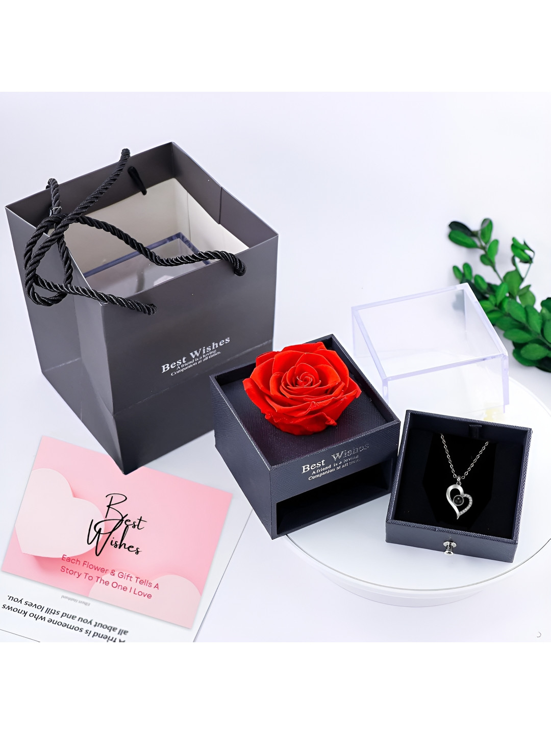 Ascension Silver-Toned Artificial Stone Studded Pendant And Red Rose With Gift Box