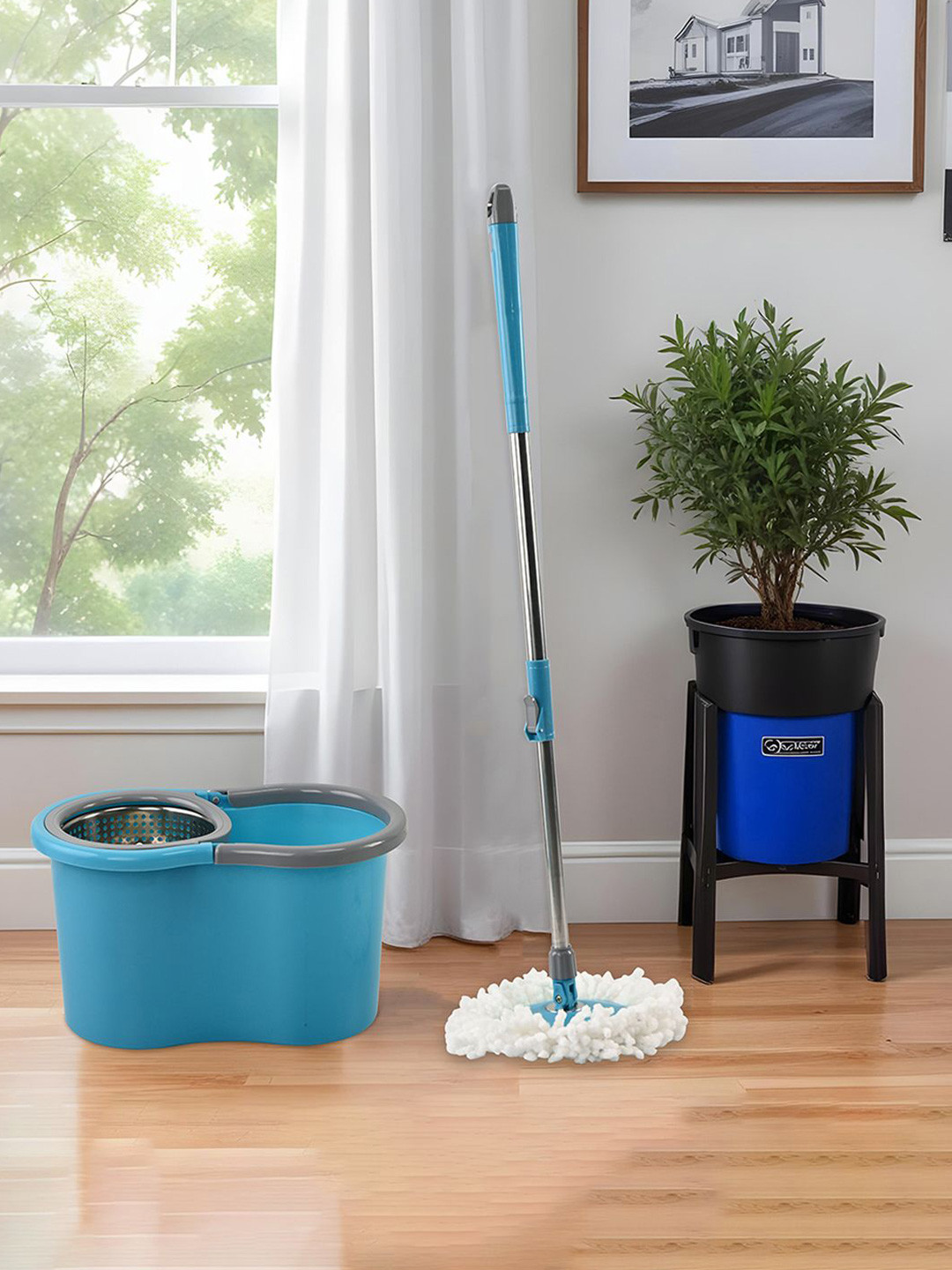 Kuber Industries Blue & White Spin Mopping Bucket With 2 Refills