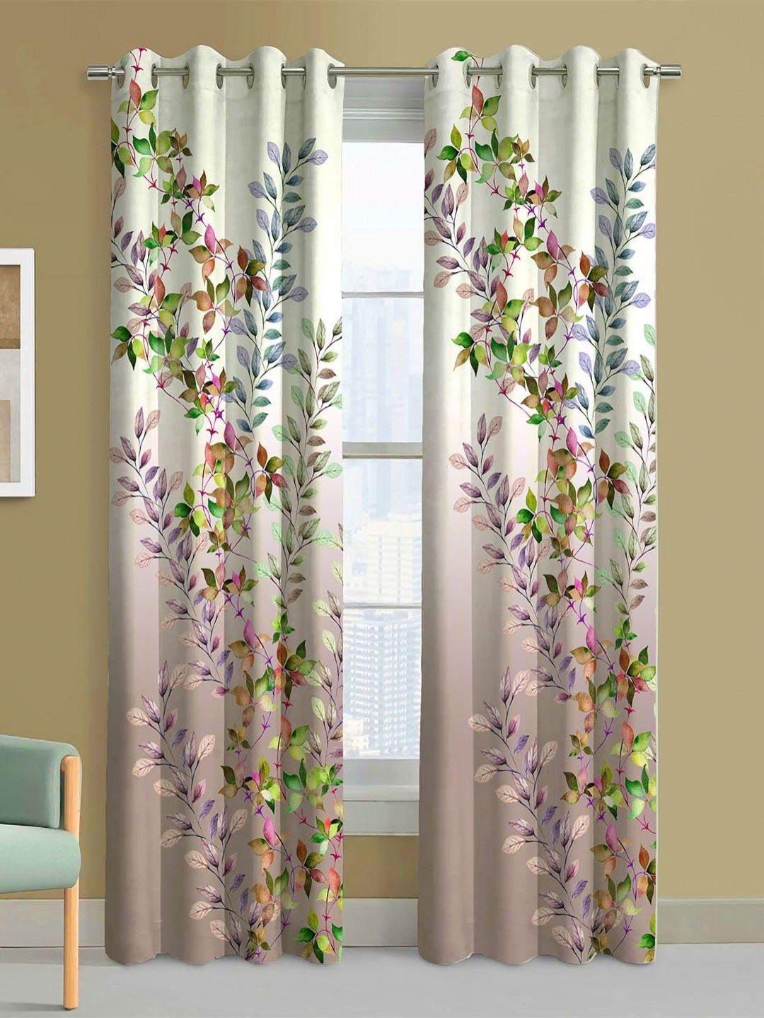 Steve & Anderson Bliss Olive Green And Purple 2 Pieces Floral Long Door Curtains (9Feet)