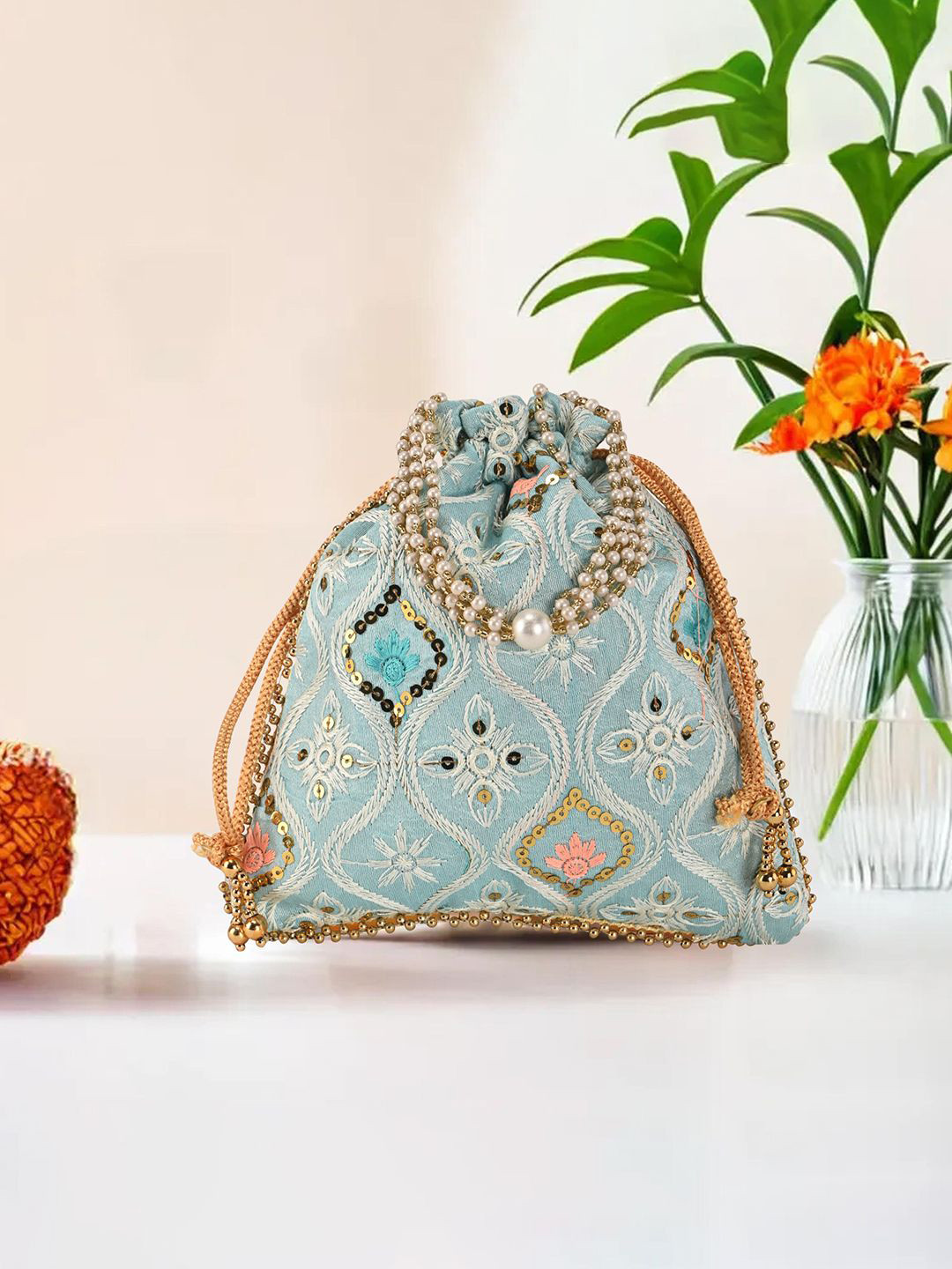 Kuber Industries Unisex Embroidered Pearl Handle Potli Clutch