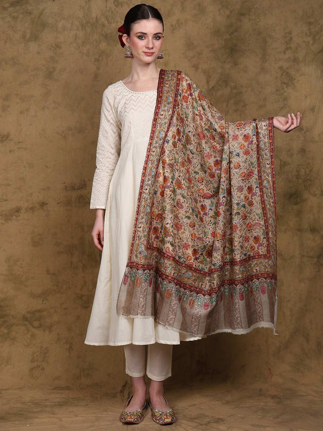 Exotic India Pure Wool Kani Jamawar Shawl with Embroidered Flower & Paisley