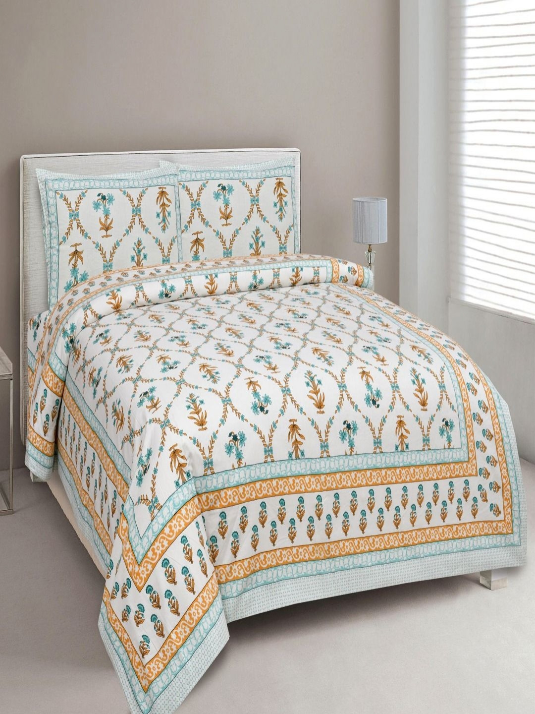 Myntra Elegant Homes Traditional Turquoise Blue Ethnic Motifs Pure Cotton 180 TC King Fine Bedsheet with 2 Pillow Covers-108 x 100 inches