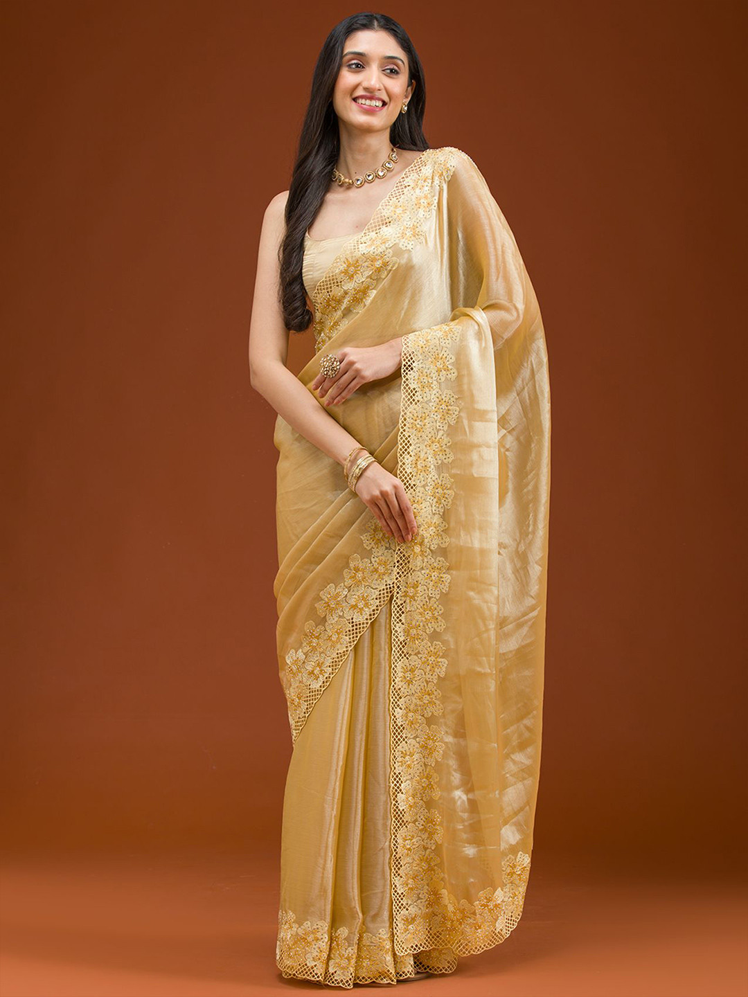 Koskii Yellow Stonework Tissue Saree