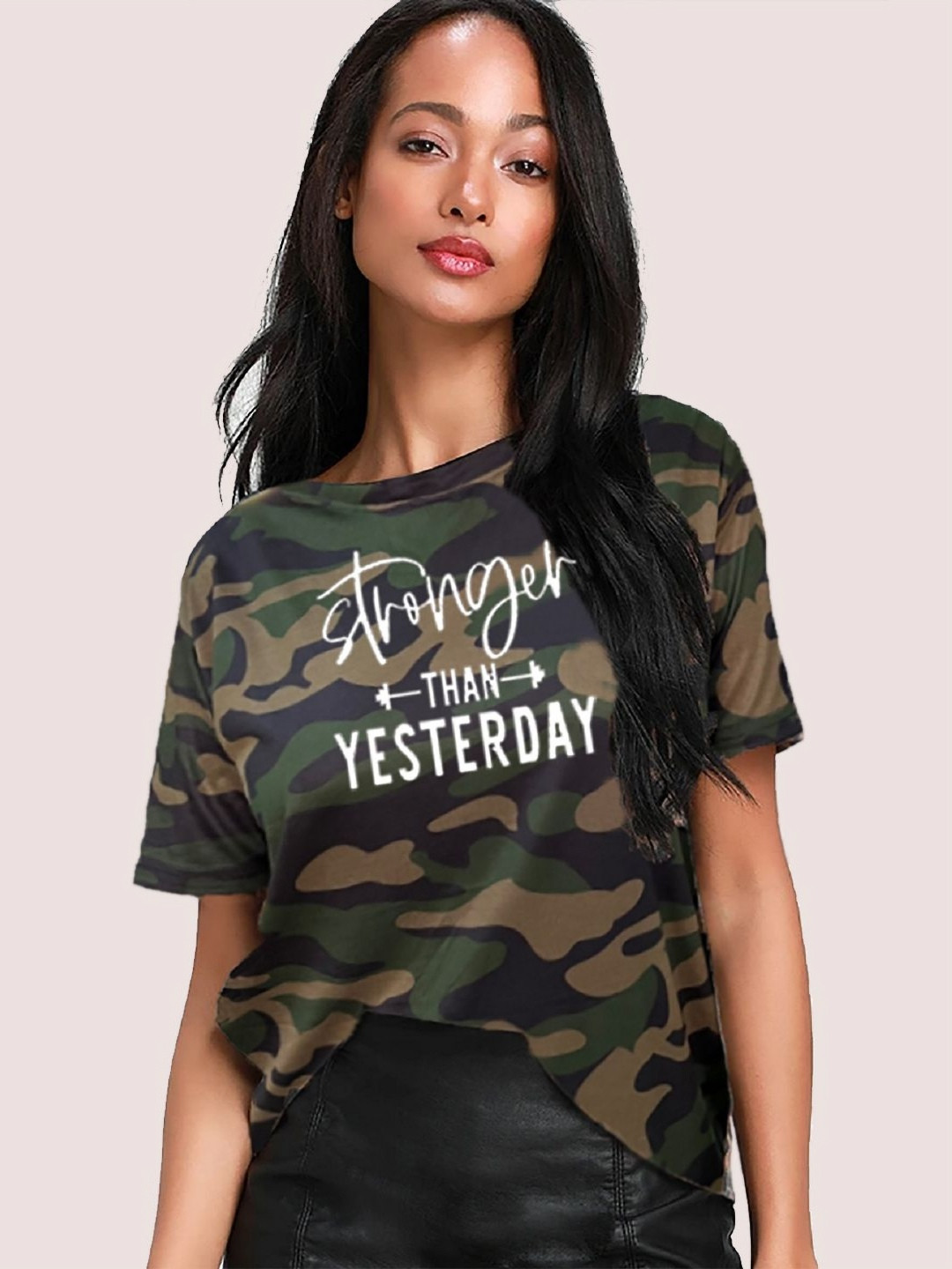 Leotude Women Camouflage Typography Round Neck T-shirt