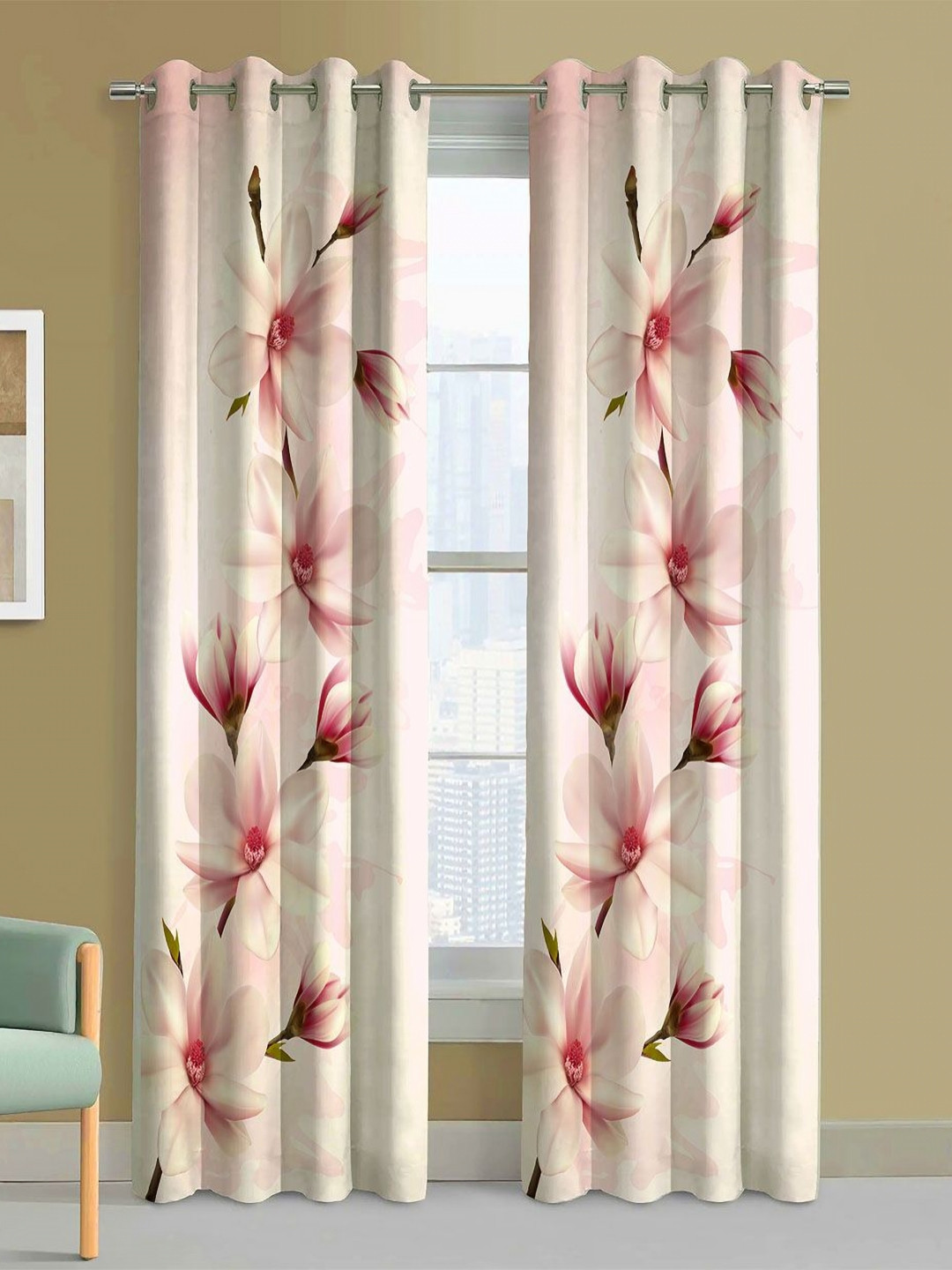Steve & Anderson Bliss Pink And White 2 Pieces Floral Printed Long Door Curtain (9Feet)