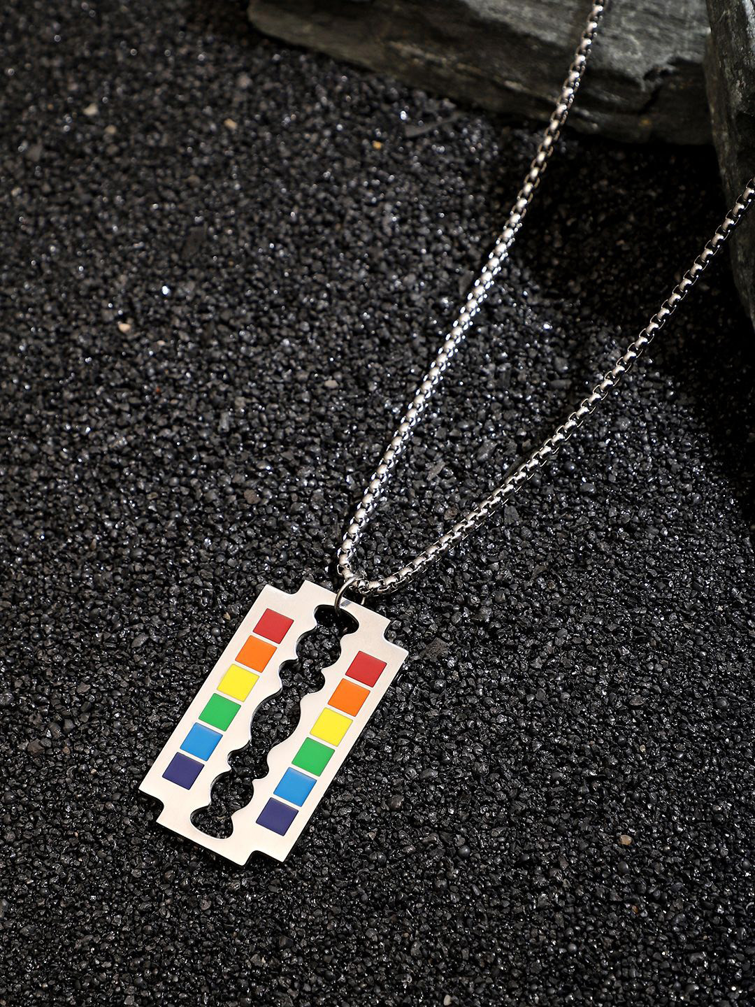 French Accent Prism Edge Metallic Silver-Plated Contemporary Pendants With Chains