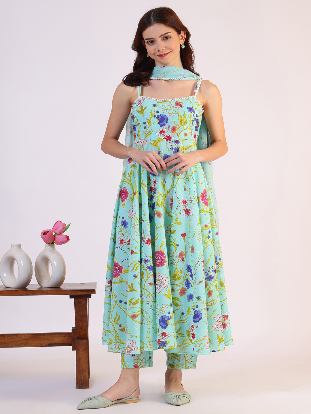 W Blue Floral Printed Pure Cotton Shoulder Straps Anarkali Kurta With Trousers & Dupatta
