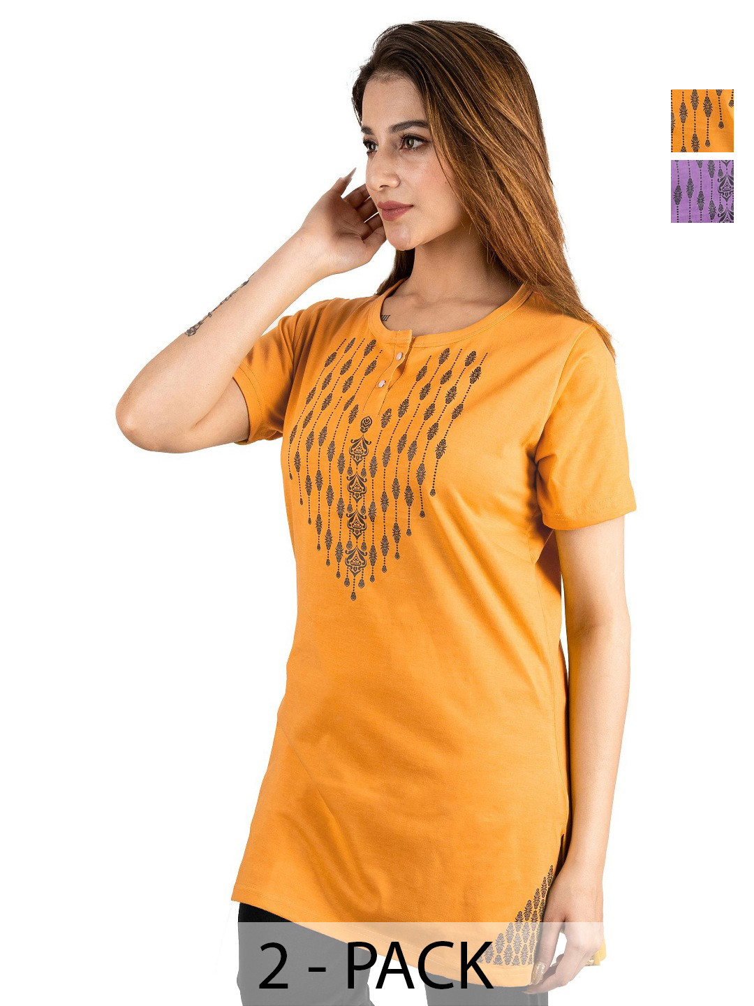 URBE-URBAN EVOLUTION Women Pack Of 2 Floral Printed Round Neck Cotton T-shirts