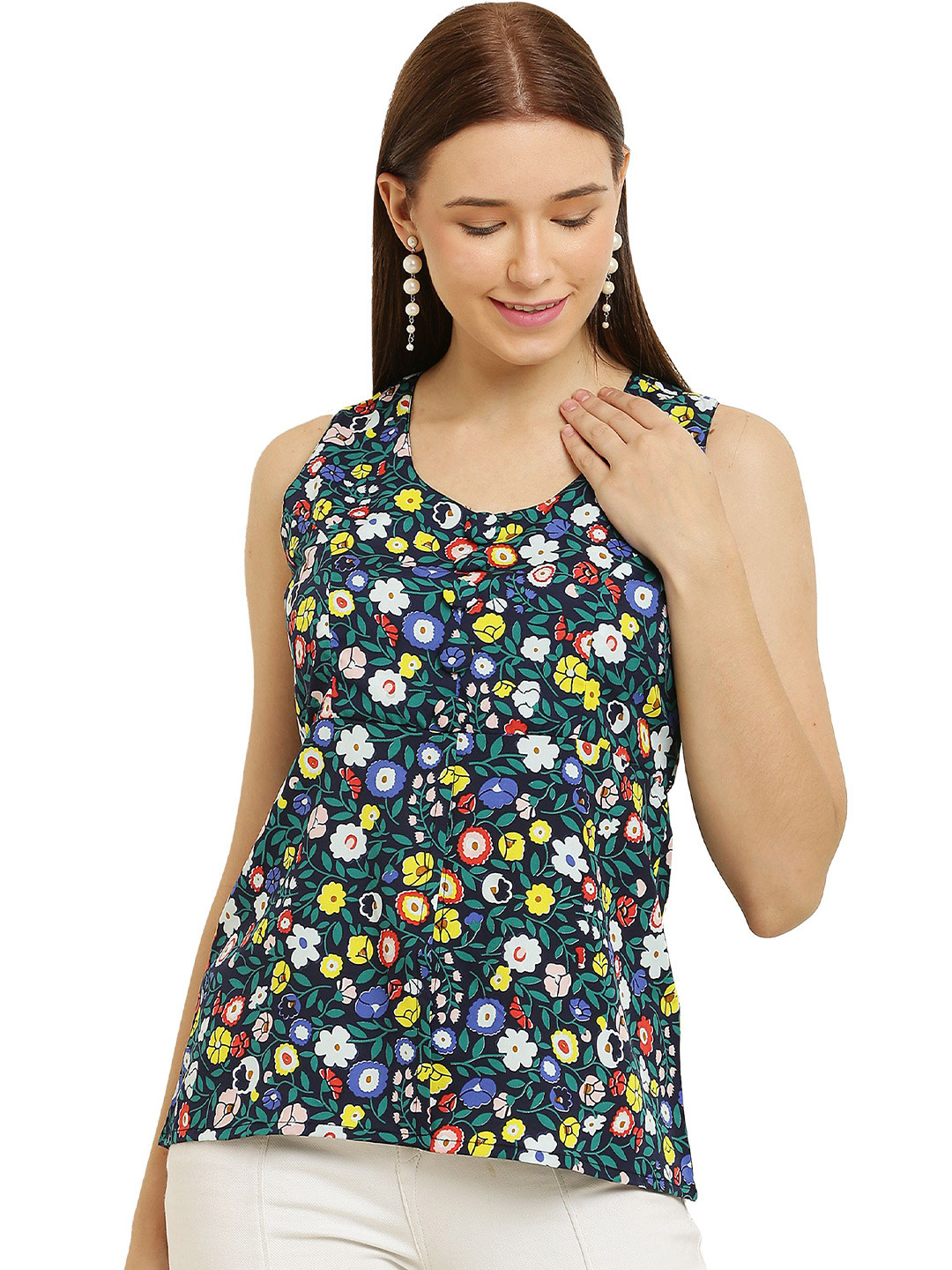 Sash Floral Print Round Neck Sleeveless Crepe Top