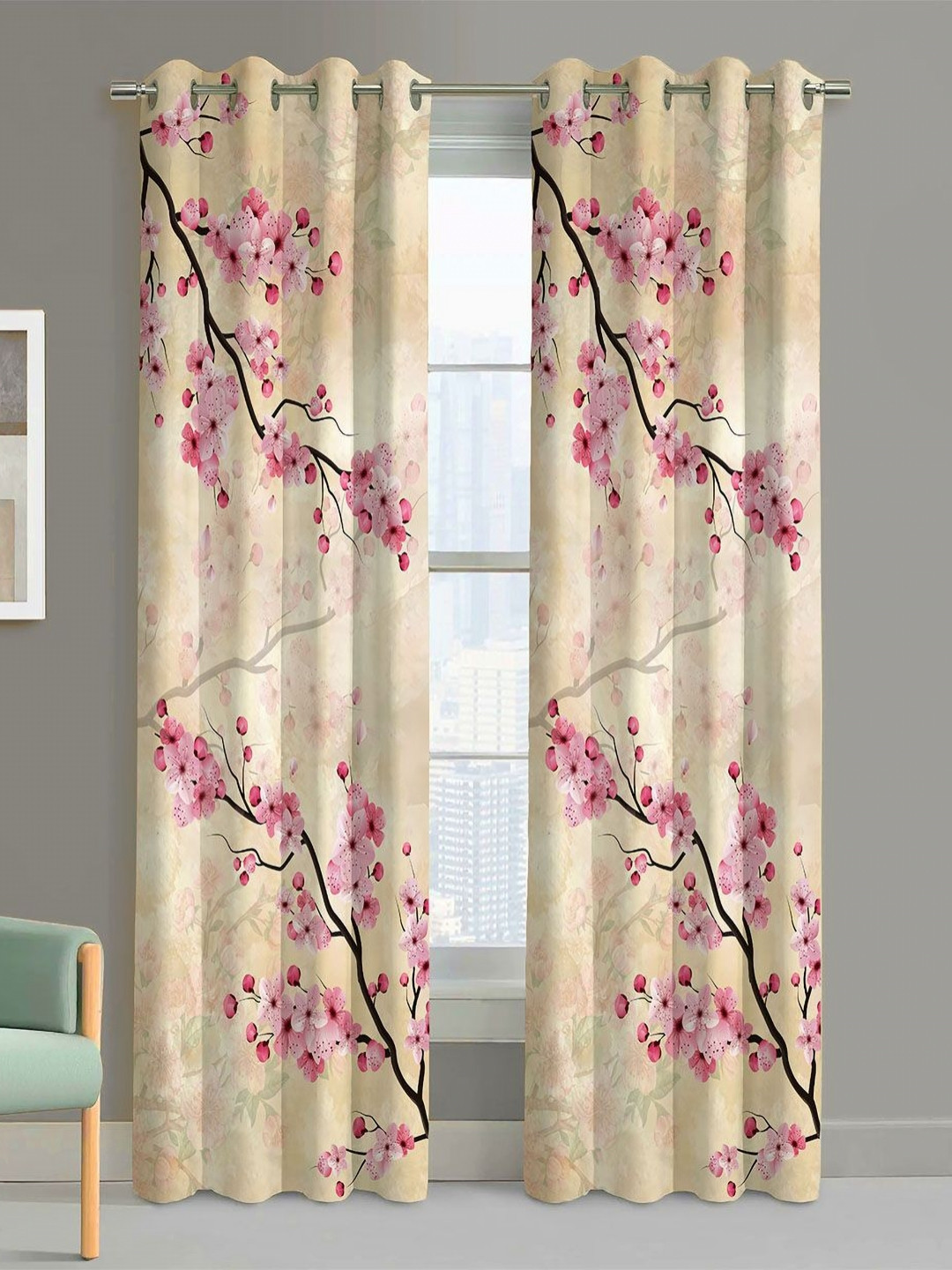 Steve & Anderson Jester Yellow 2Pcs Floral Warpknit Flat Fabric Long Door Curtains (9Feet)
