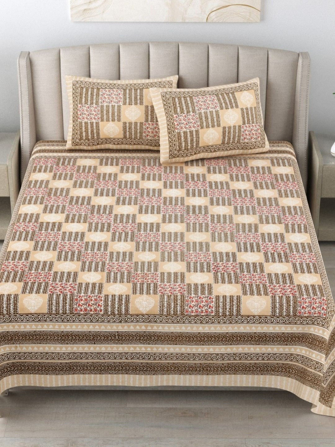 BED-SHEET.COM Brown Floral Cotton 180 TC King Fine Bedsheet with 2 Pillow Covers-90 x 108 inches