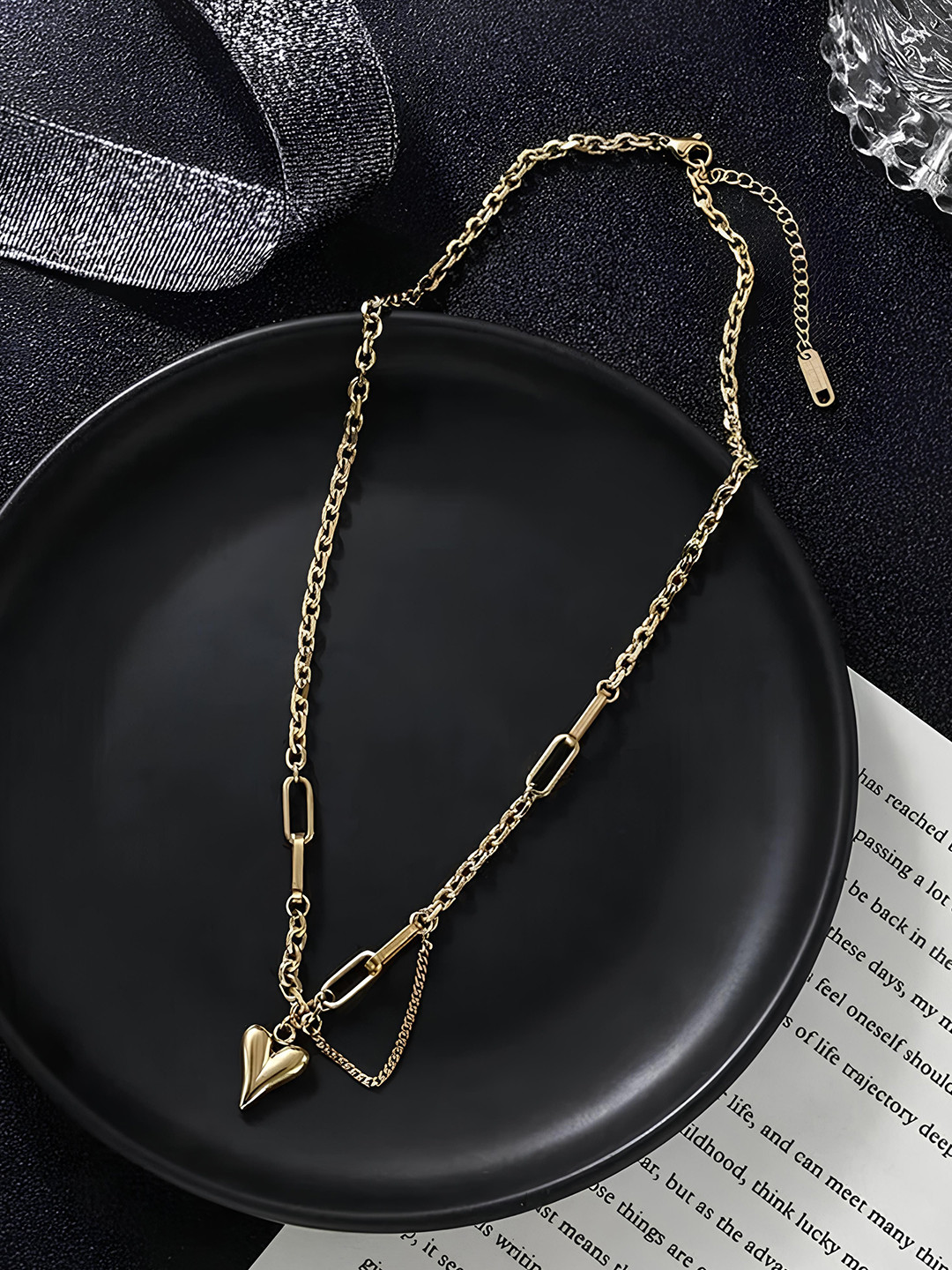 KARISHMA KREATIONS Gold-Plated Stainless Steel Lock Bone Heart Shaped Minimal Nacklace