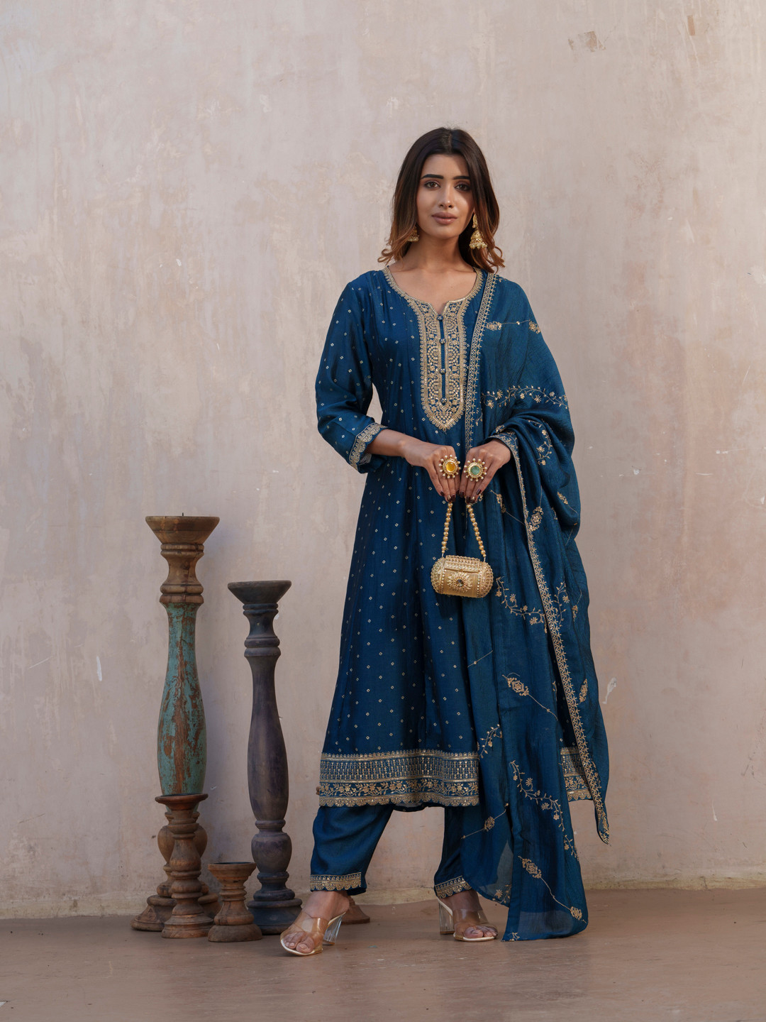 House of Pataudi Bandhani Printed Panelled Anarkali Kurta With Trouser & Dupatta