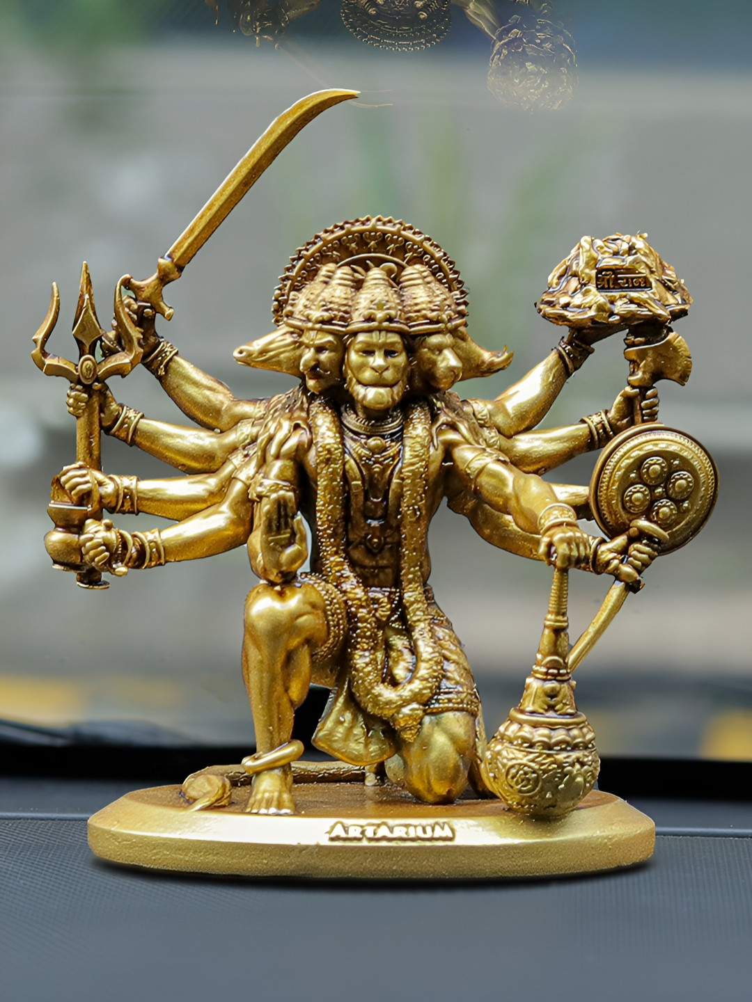 Artarium LLP Panchmukhi Hanuman Sitting Brown Resin Natural Prayer Room Small Showpiece - 3.5 Inches