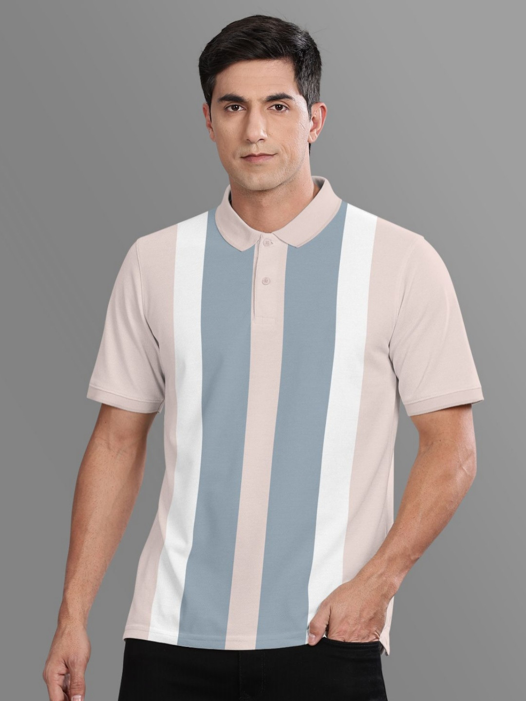 BULLMER Men Striped Polo Collar Cotton T-shirt