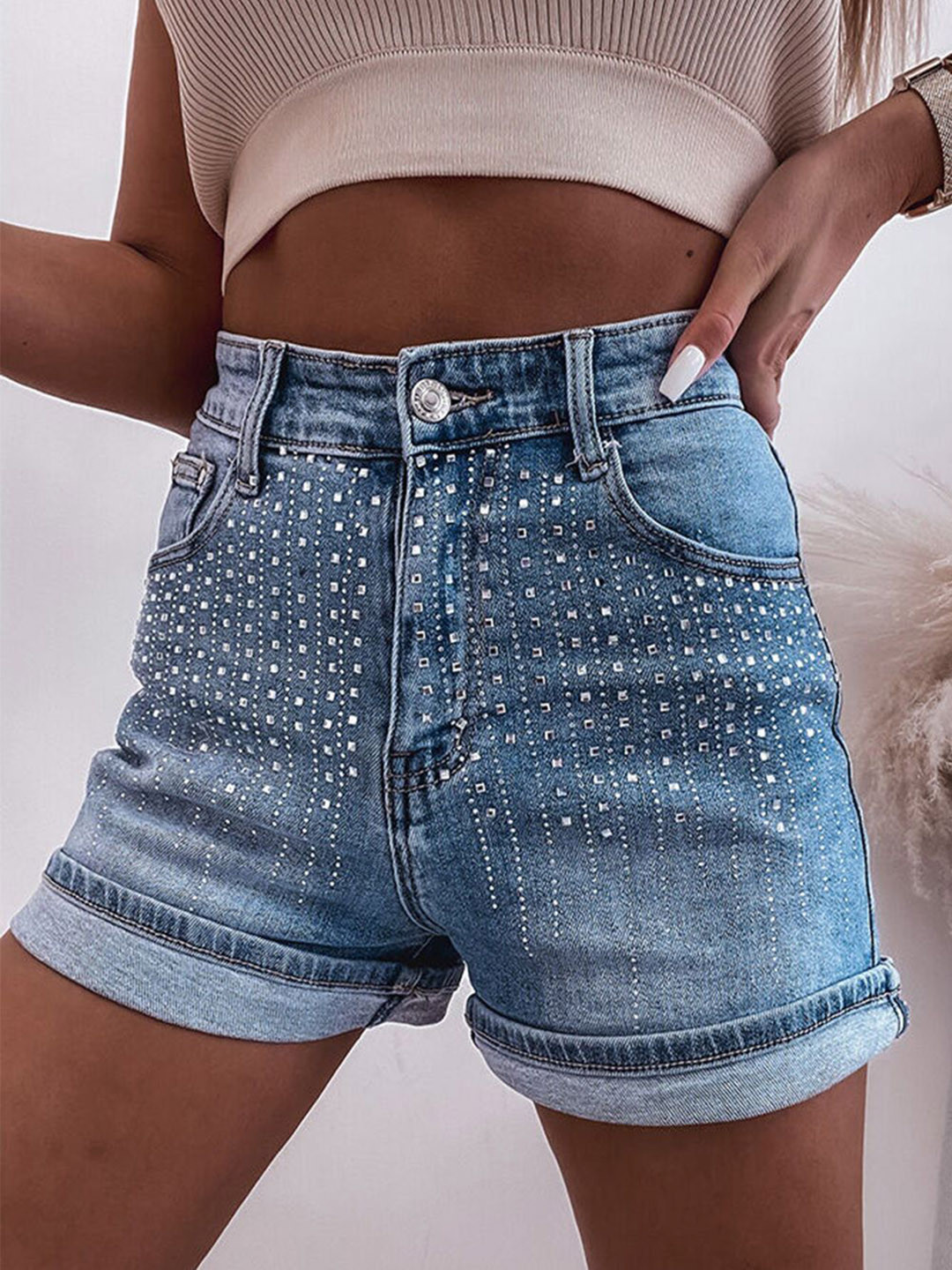 Errabelly Women Ashleigh Blue Rhinestone Embellished Denim Shorts