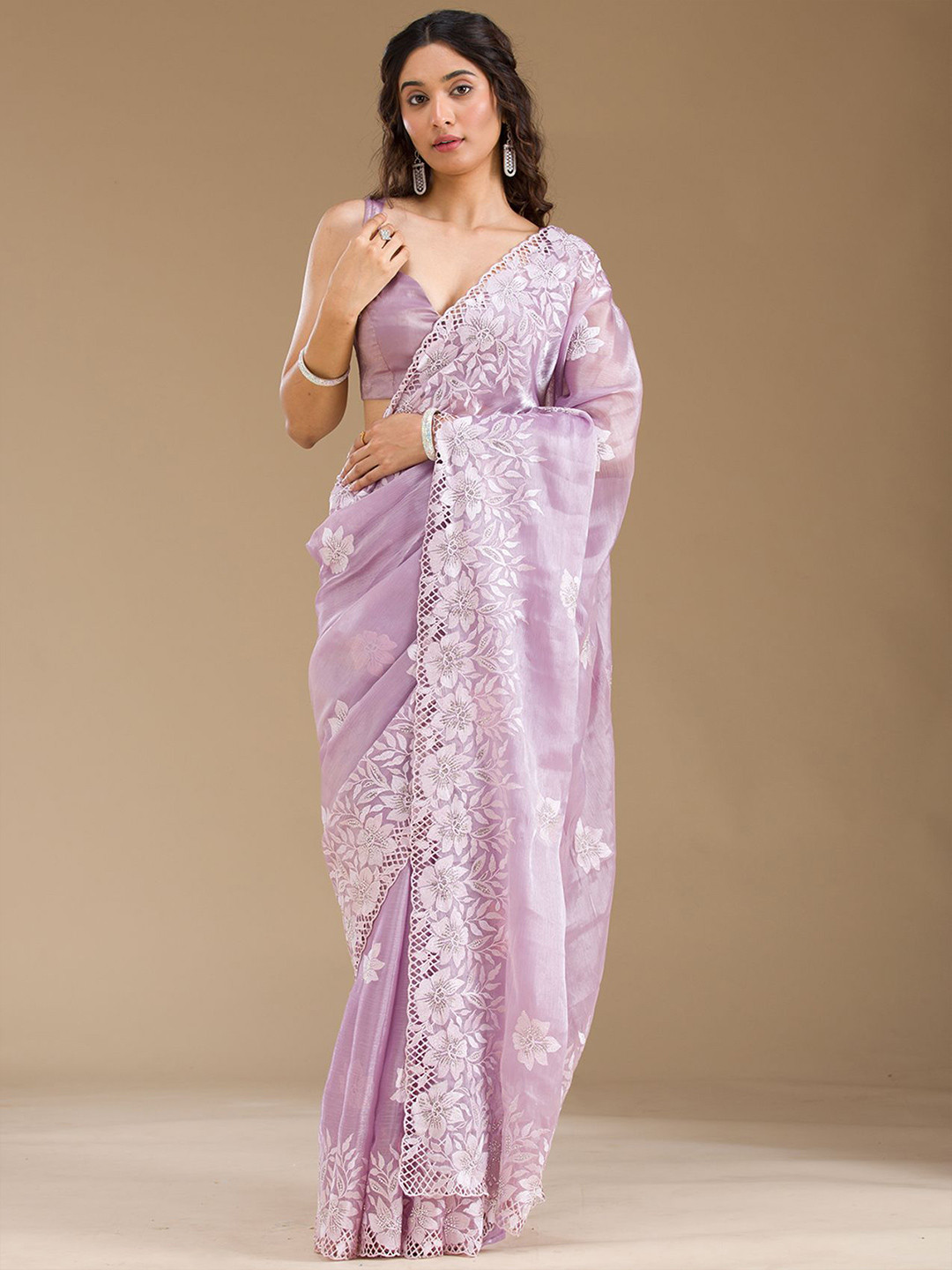 Koskii Lavender Stonework Tissue Saree