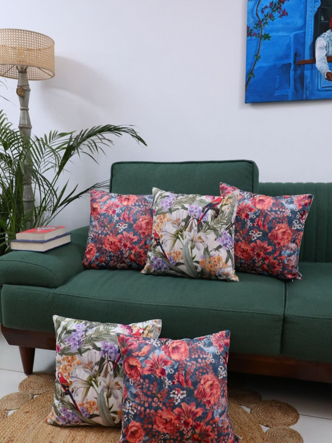 LUSHLYF White & Pink 5 Pieces Floral Printed Velvet Square Eden Parrot Cushion Covers