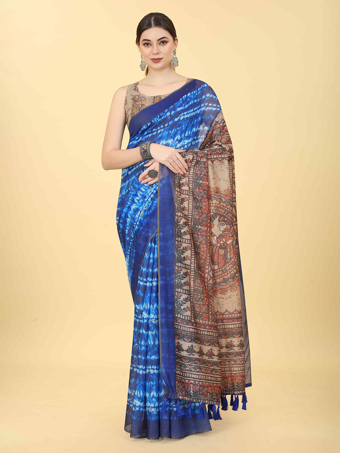 DIVASTRI Chanderi Cotton Indigo Digital Printed Saree With Beautiful Tassels