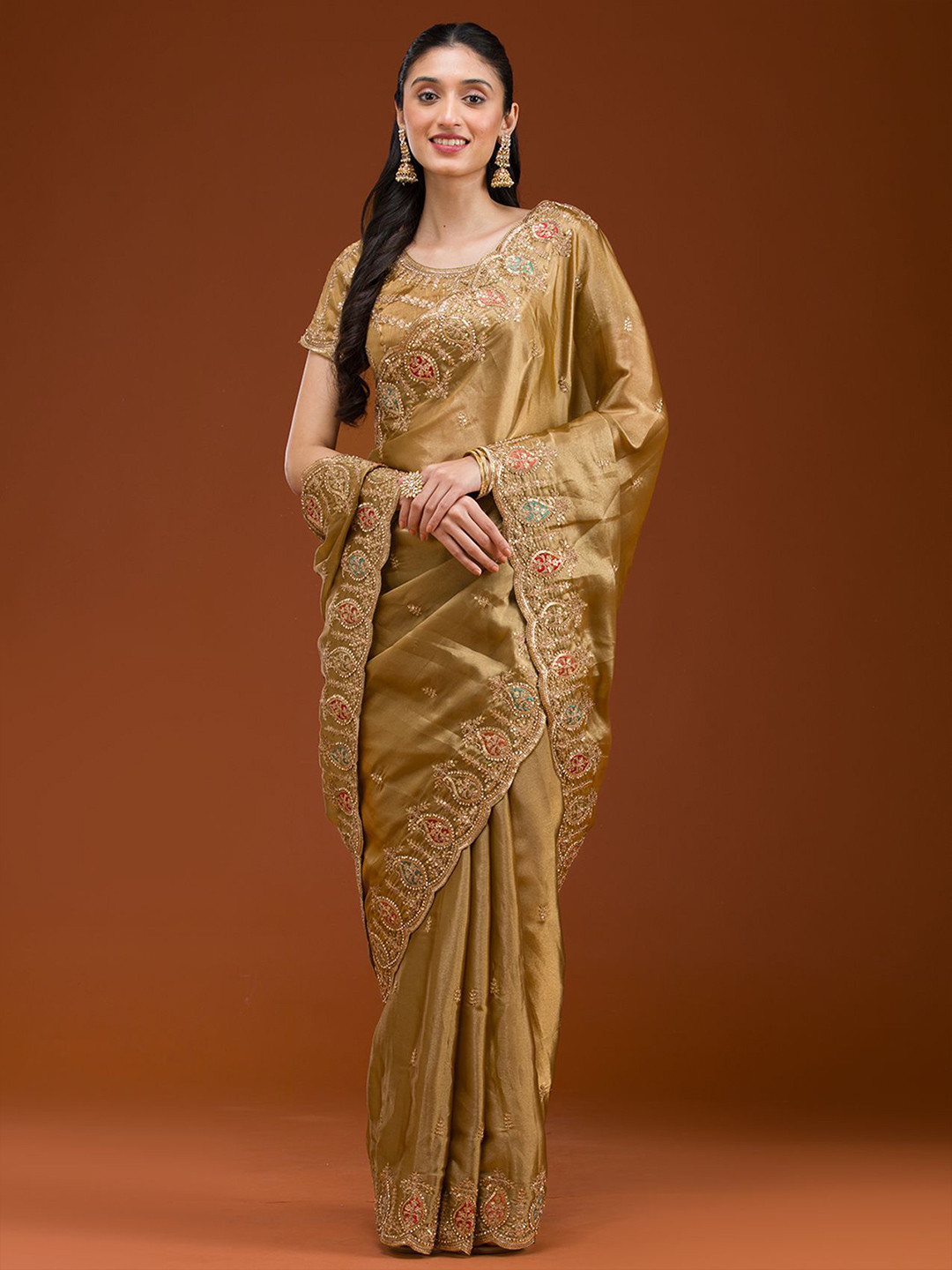 Koskii Gold Zari Work Tissue Saree