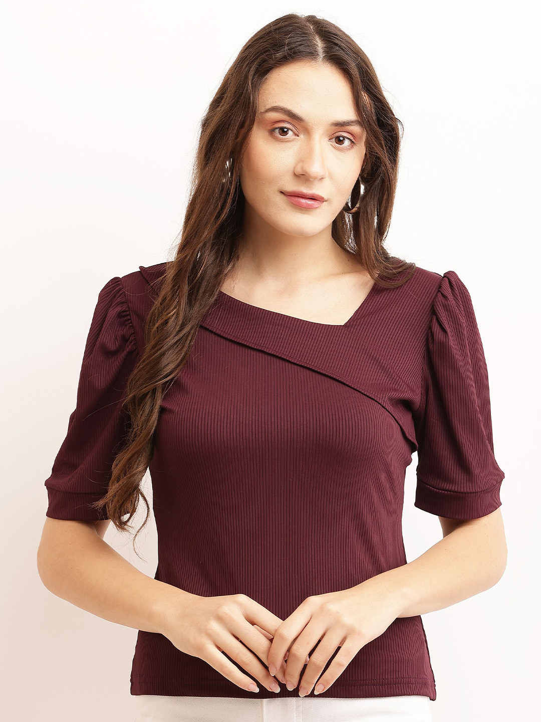 Sash Solid  Regular Sleeves Cotton Blend Top