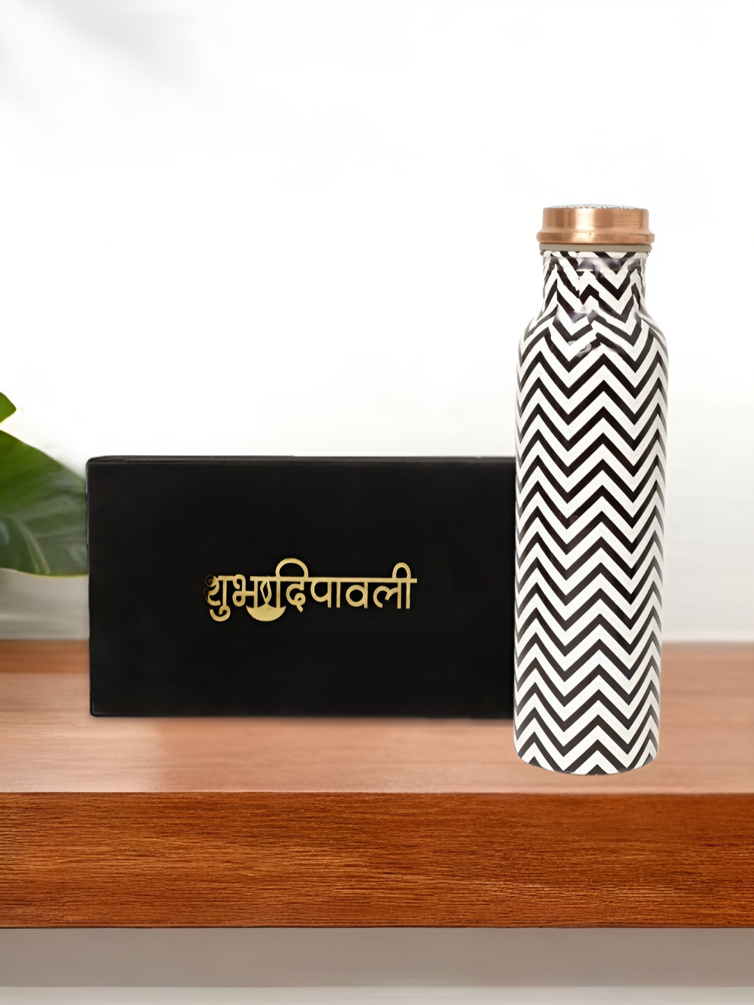 INTERNATIONAL GIFT Black Printed Pure Copper Water Bottle With Velvet Box & Bag - 950ml
