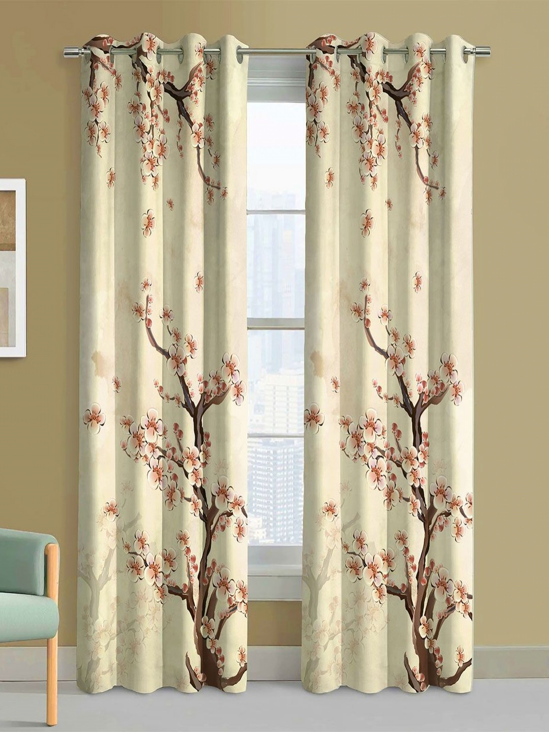 Steve & Anderson Jester Beige 2 Pcs Floral Warpknit Flat Fabric Door Curtains (7 Feet)