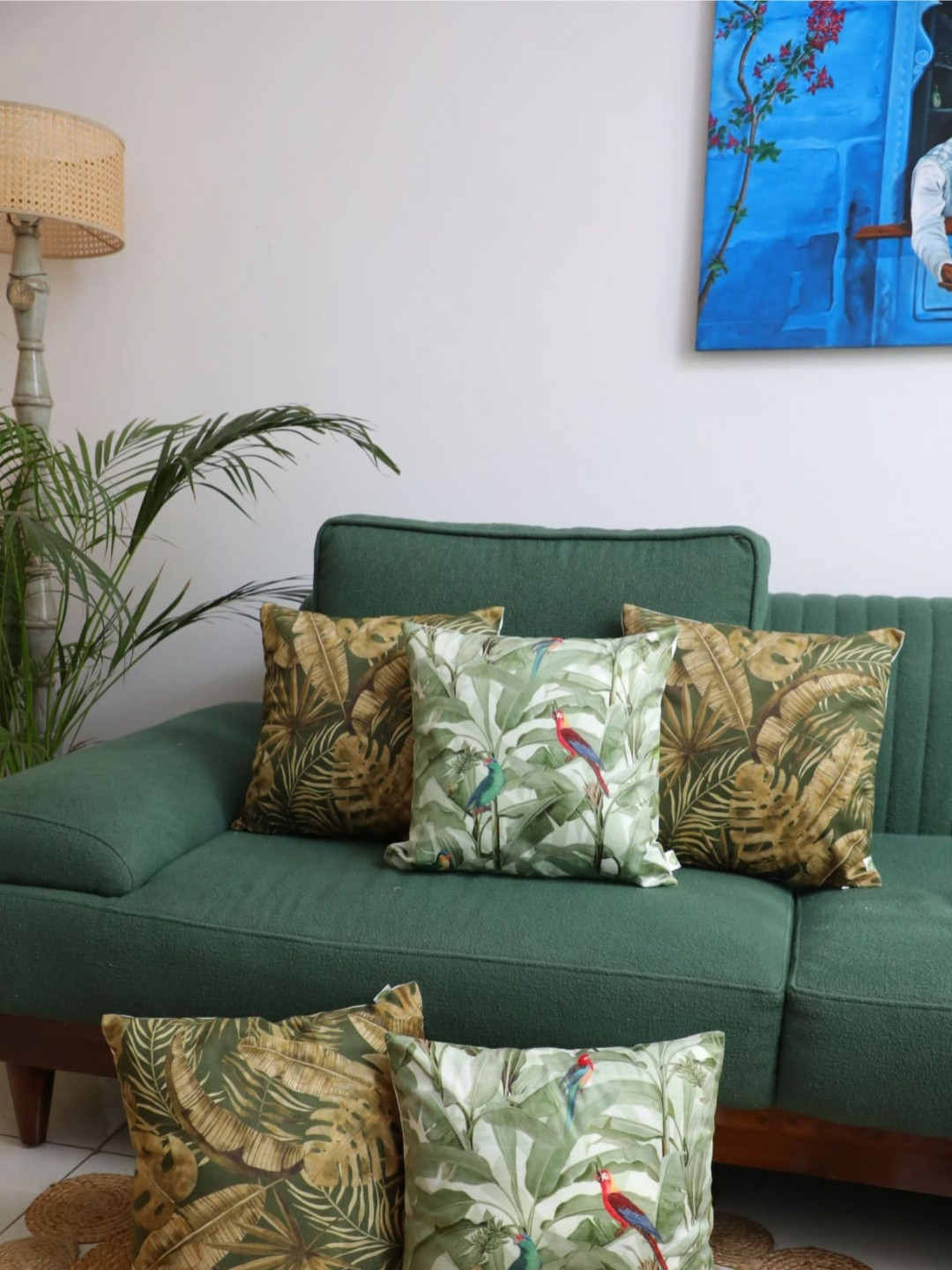 LUSHLYF Aviary Elegance X Rainforest Rhapsody Green 5 Pcs Printed Velvet Cushion Covers