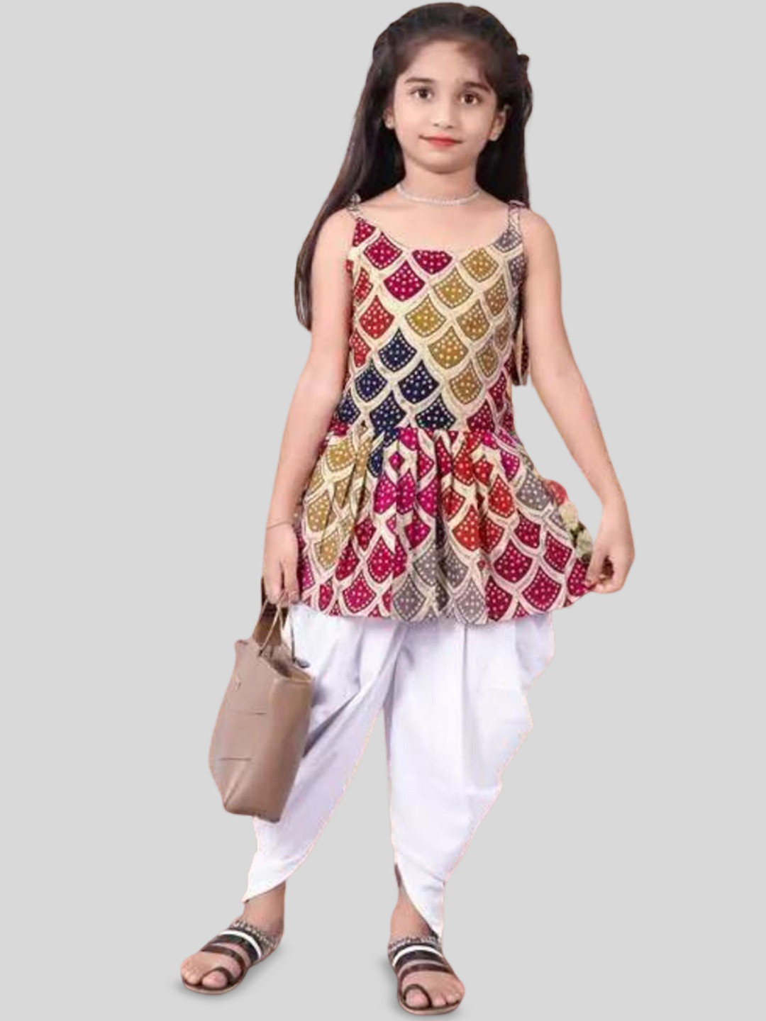Aarya Designer Girls Ethnic Motifs Printed Pleated Kurti With Dhoti Pants