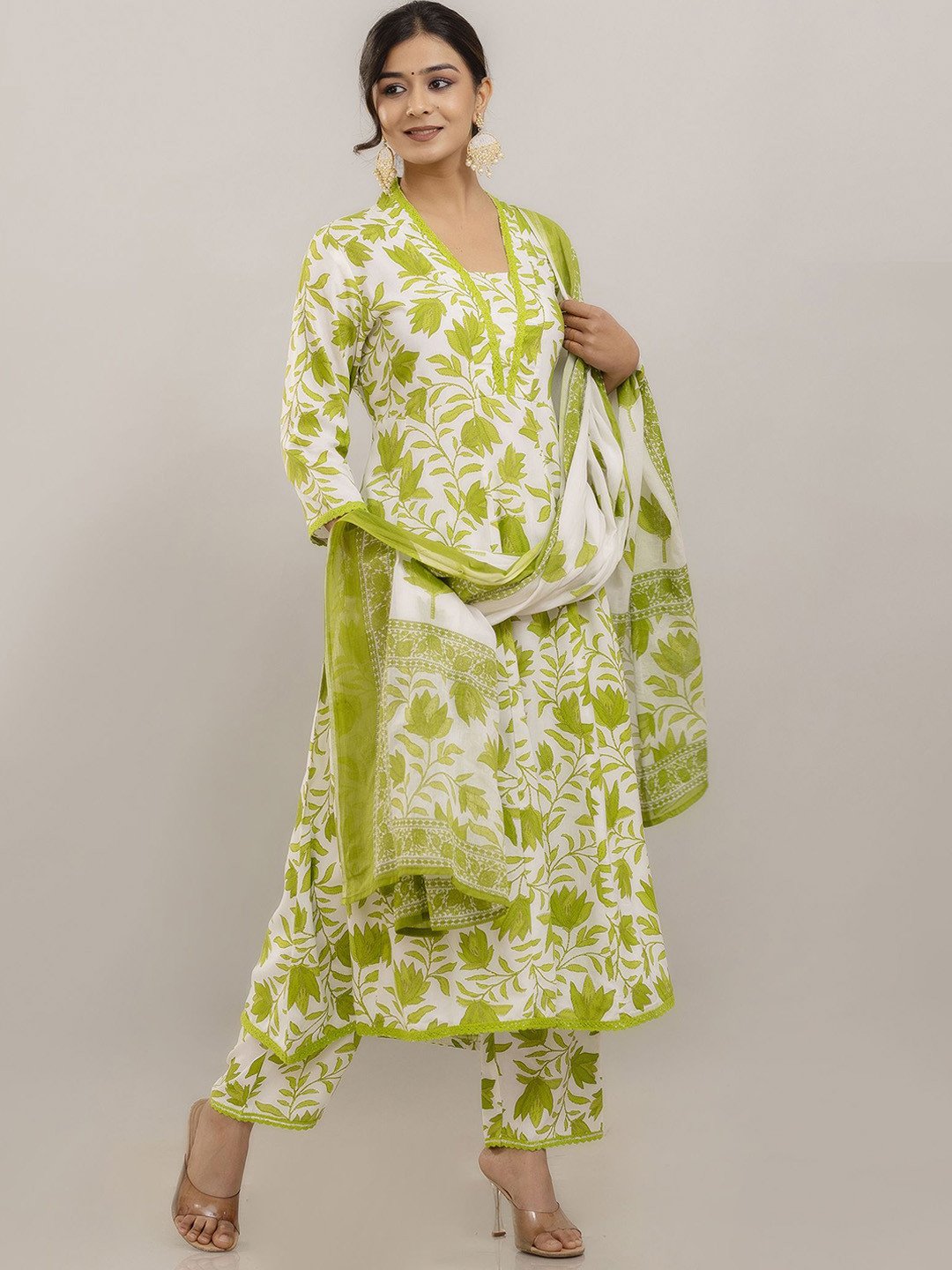 GEKHA Floral Printed V-Neck Pure Cotton Anarkali Kurta With Trousers And Dupatta