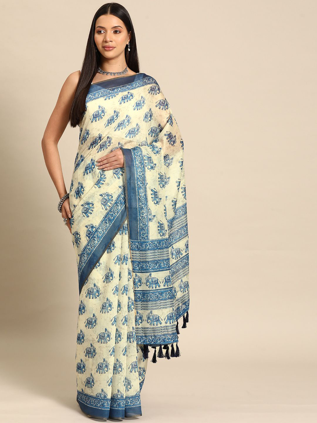 DIVASTRI Chanderi Cotton Indigo Digital Printed Saree with Beautiful Tassels