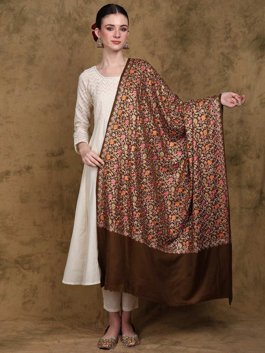 Exotic India Pure Wool Shawl with Chain Stitch Embroidered Floral Jaal