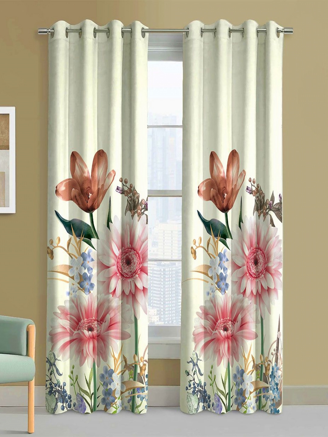 Steve & Anderson Aura White And Red 2 Pieces Floral Printed Long Door Curtain (9Feet)