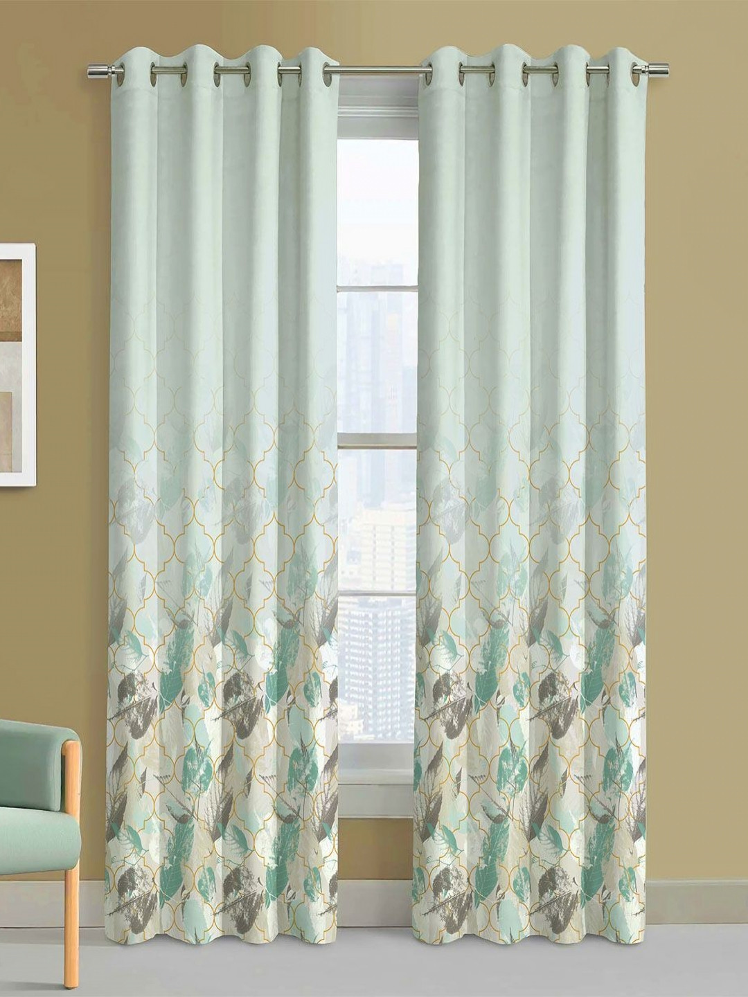 Steve & Anderson Ozzon Grey And White 2 Pieces Floral Printed Long Door Curtains (9Feet)