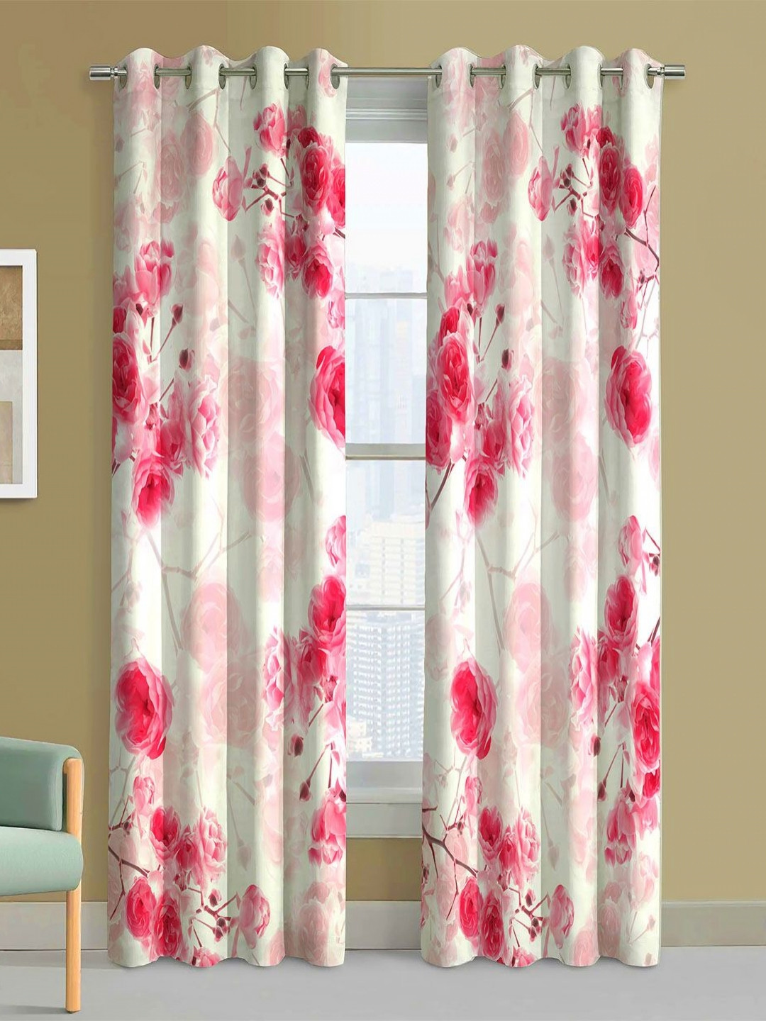 Steve & Anderson Bliss Rose & White 2 Pieces Floral Printed Long Door Curtains (9Feet)
