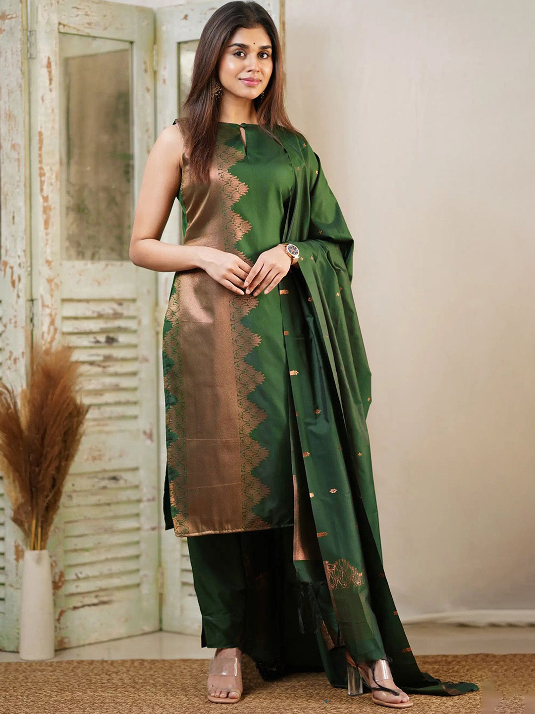 Kedar Fab Ethnic Motifs Woven Design Keyhole Neck Art Silk Kurta