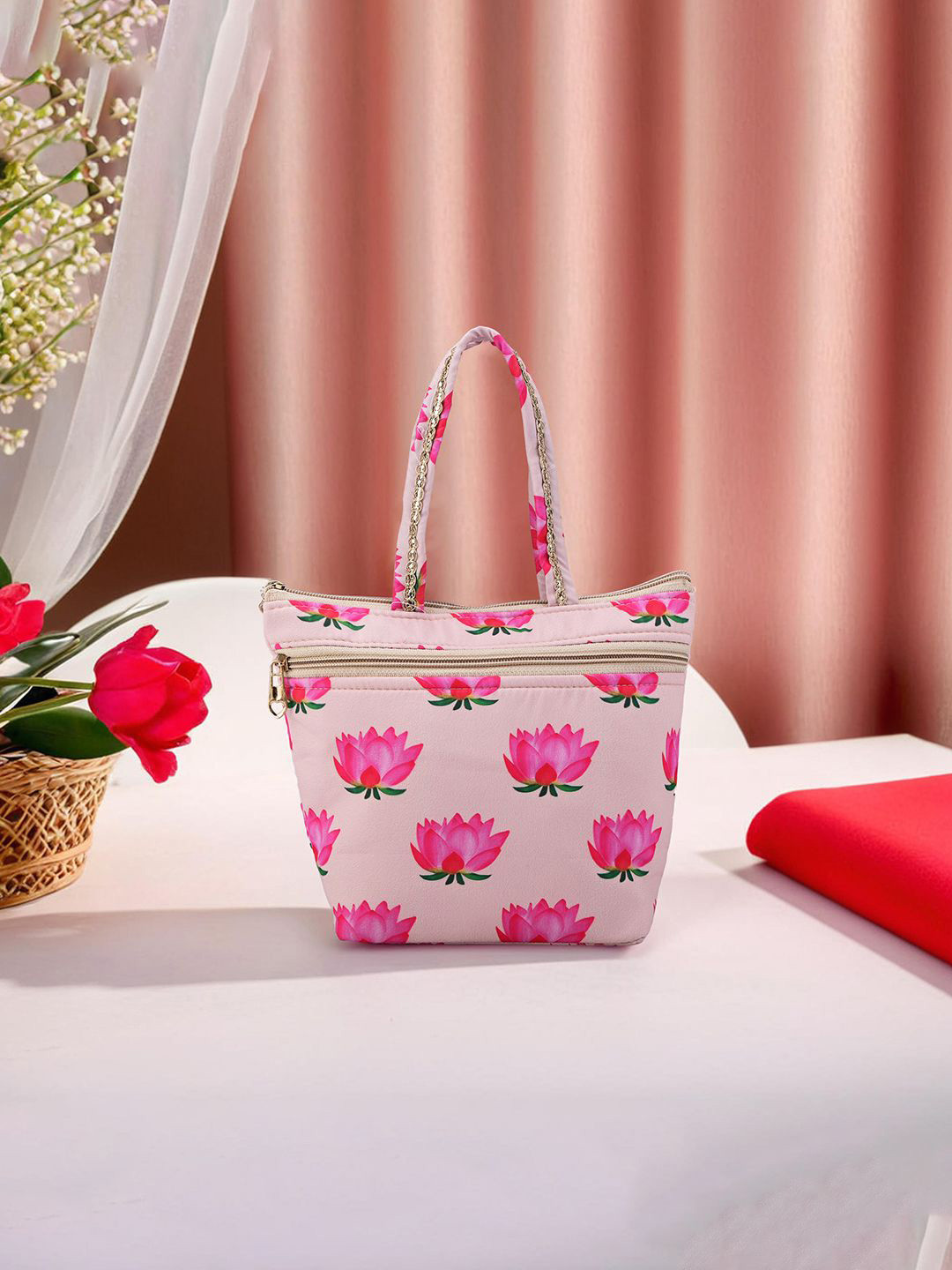 Kuber Industries Lotus Printed Pure Silk Hand Bag