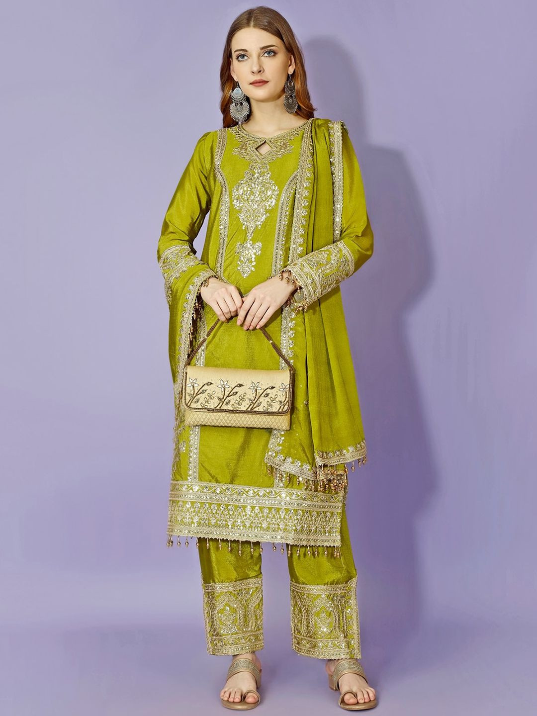 AKSHARAM Women Embroidered Silk Blend Kurta Pant with Dupatta