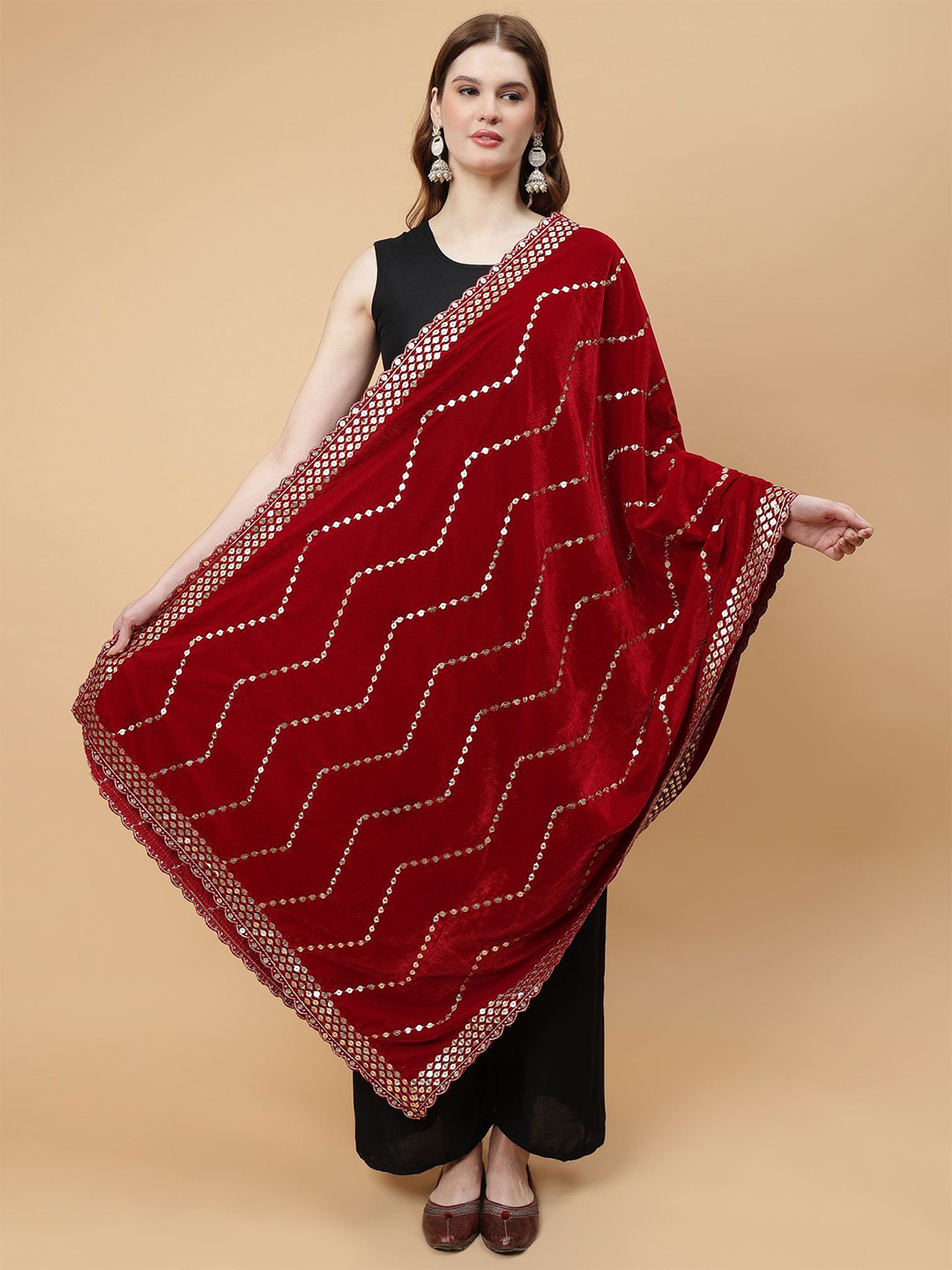 Moda Chales Chevron Embroidered Velvet Dupatta With Sequinned