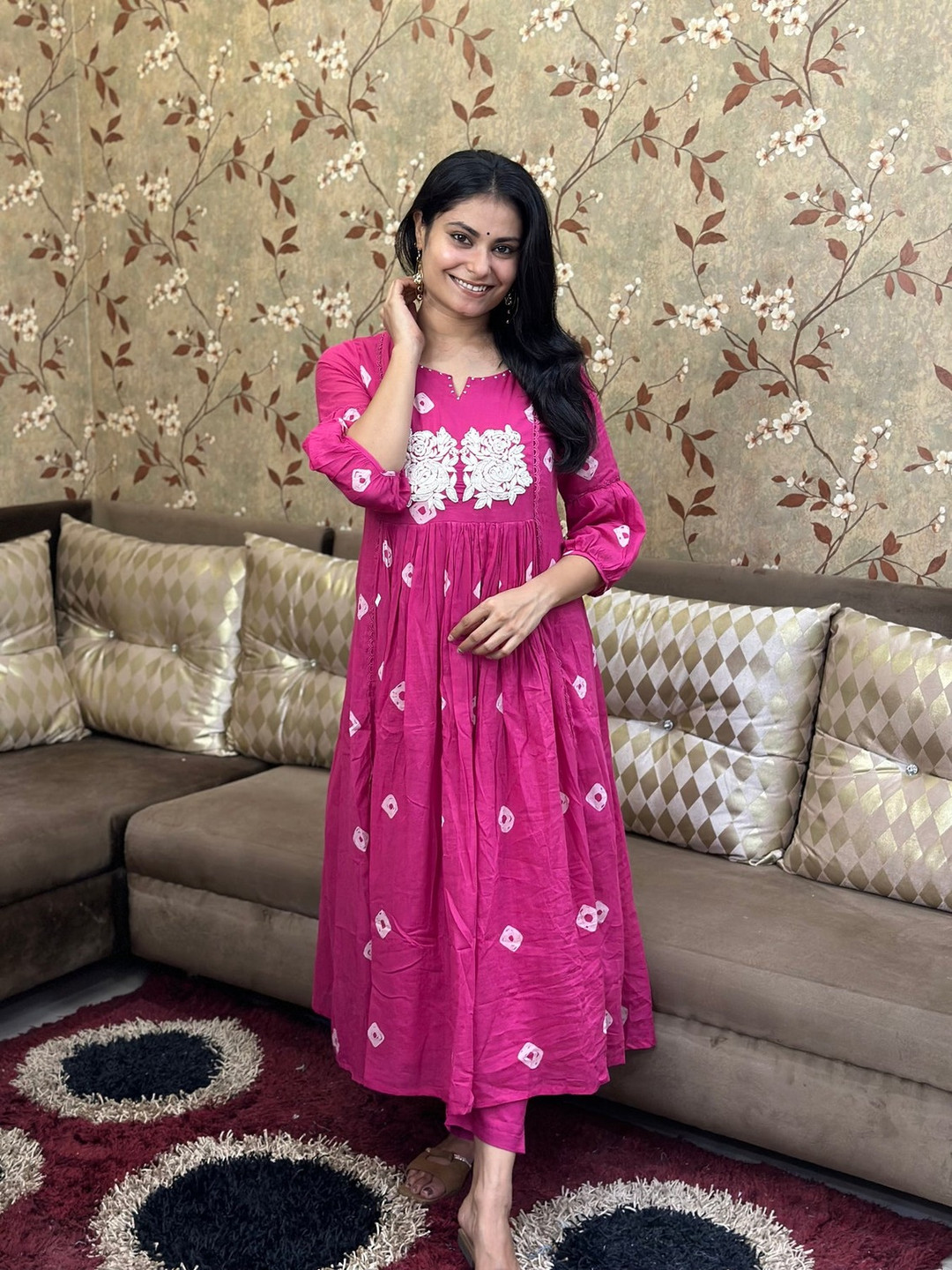 DIVASTRI Anveshi Floral Printed Notch Neck Pleated Thread Work Anarkali Kurta with Trouser