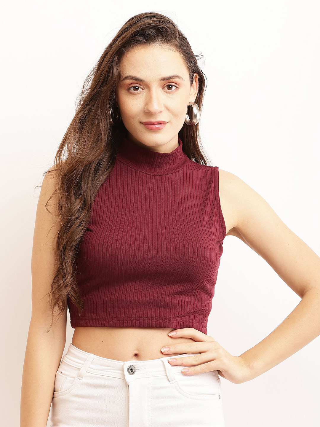 Sash Ribbed Crop High Neck Top