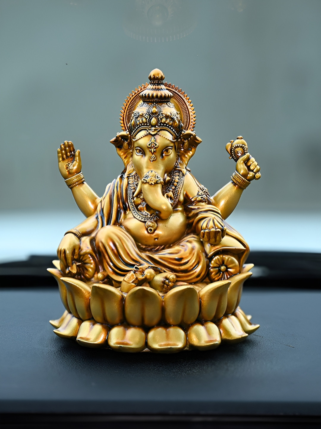 Artarium LLP Lotus Ganesha Brown Resin Natural Prayer Room Small Showpiece - 3.9 Inches