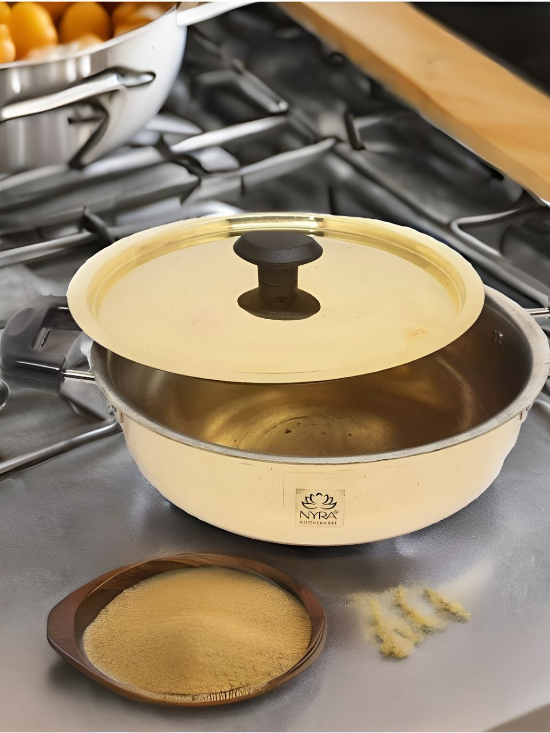Nyra Kitchenware Gold-Toned Serving Kadhai With Kalai Coating & Lid