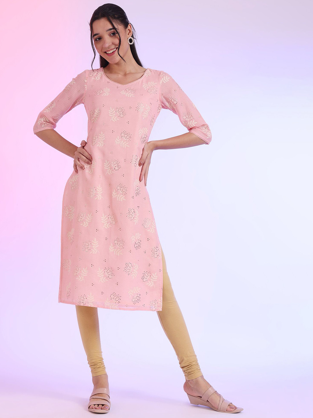 AURELIA Floral Printed Beads and Stones Straight Kurta