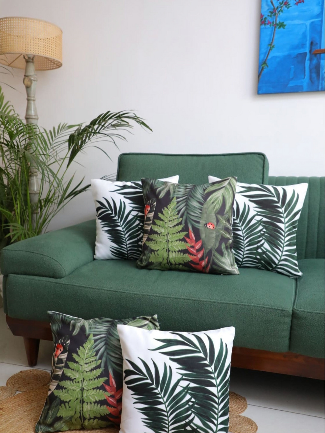 LUSHLYF White & Green 5 Pieces Floral Velvet Square Cushion Covers