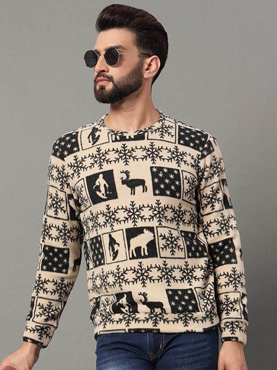 OGEN Men Round Neck Christmas Self Design Sweatshirt