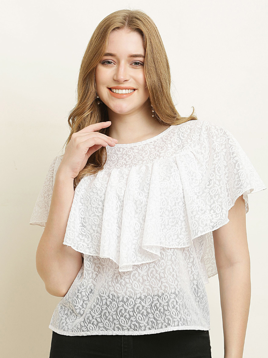 Sash Women Boat Neck Cape Sleeves Lace Top